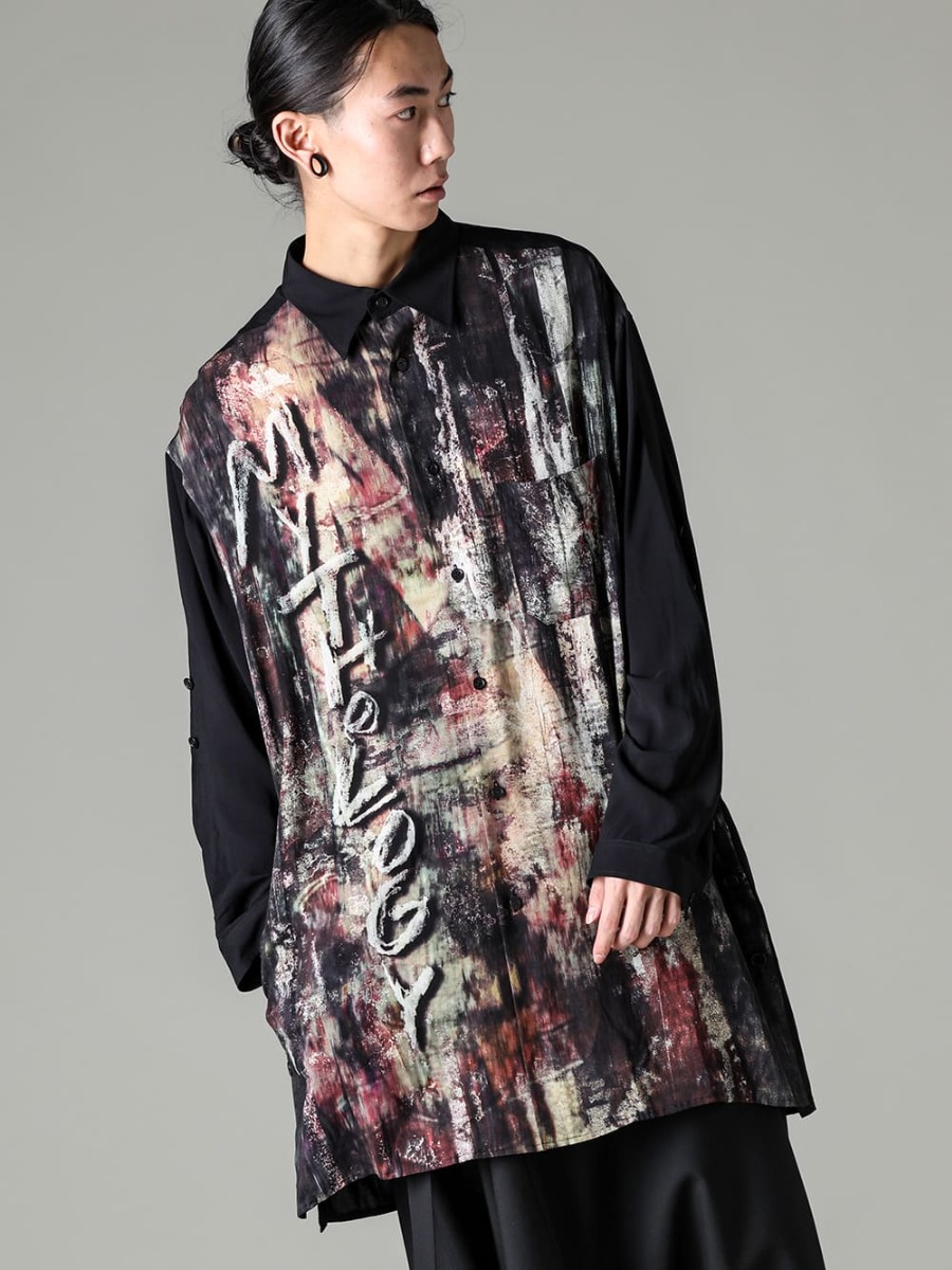  Yohji Yamamoto 23SS (Spring/Summer) Sleeve volume suitable for 1 piece - Image details (full styling details) HZ-B86-830 - Side slit blouse with different charcoal pattern sleeve belt2-001