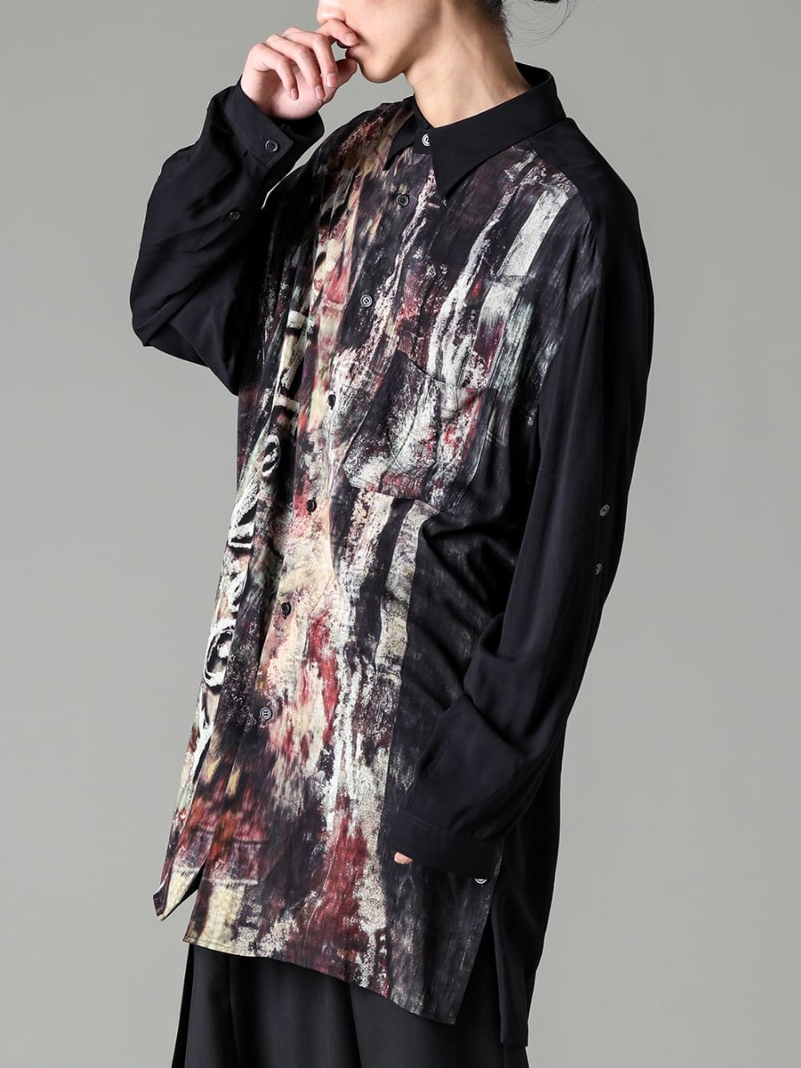 Yohji Yamamoto 23SS (Spring/Summer) Sleeve volume suitable for 1 piece - HZ-B86-830 - Side slit blouse with different charcoal pattern sleeve belt 2-004