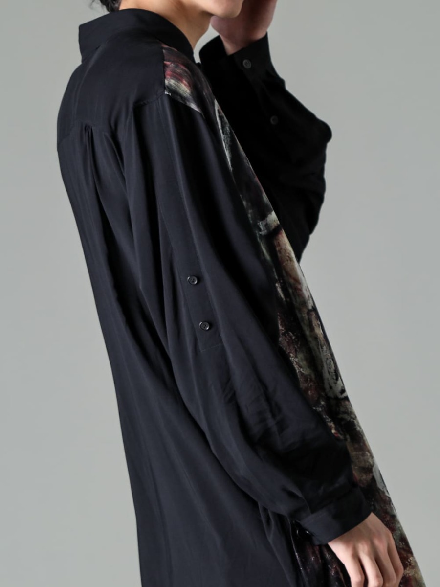 Yohji Yamamoto 23SS (Spring/Summer) Sleeve volume suitable for 1 piece - HZ-B86-830 - Side slit blouse with different charcoal pattern sleeve belt 2-005