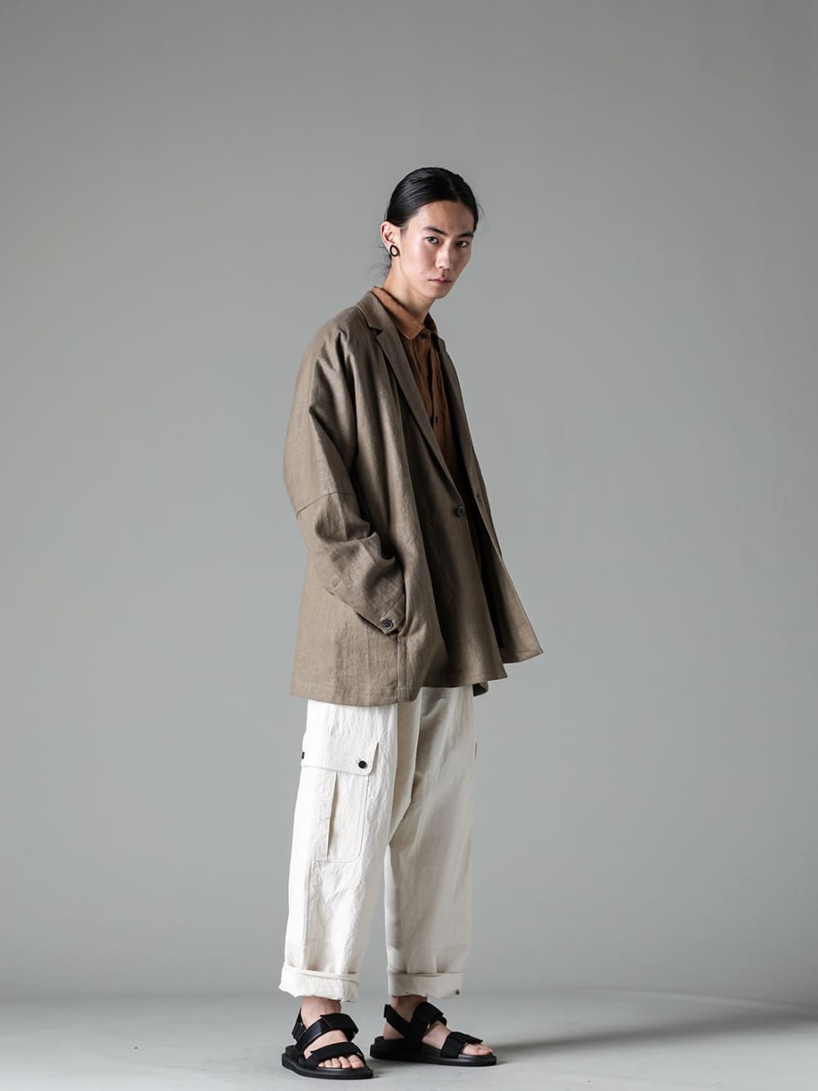  JAN JAN VAN ESSCHE 23SS(Spring-Summer) Styling Unconstructed jacket style with high breathability and weight to withstand spring night breezes - JACKET#50-Jacket #50 Cement Hemp Twill - O15SRT4-KAKISHIBU-BOOMER Shirt Kakishibu Die Flux Lone - O15TT1-Mesh-YELLOW-BEIGE-Sleeveless Tee Cotton Mesh Yellow Beige - O15TR3-KINARI-Cargo Trousers Kinari Fine Canvas - US9561-Black-Men's Sandals Black 1-002