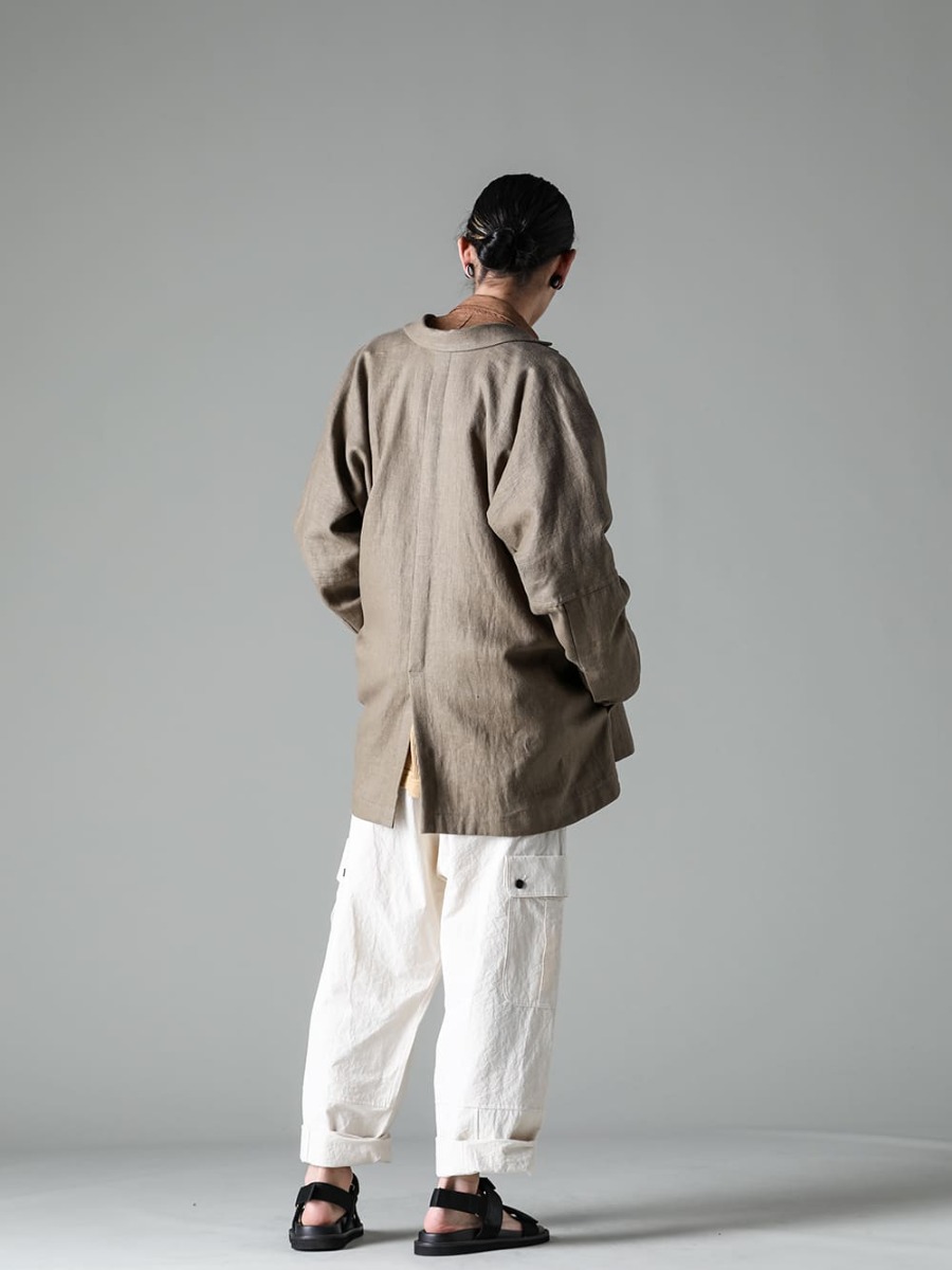  JAN JAN VAN ESSCHE 23SS(Spring-Summer) Styling Unconstructed jacket style with high breathability and weight to withstand spring night breezes - JACKET#50-Jacket #50 Cement Hemp Twill - O15SRT4-KAKISHIBU-BOOMER Shirt Kakishibu Die Flux Lone - O15TT1-Mesh-YELLOW-BEIGE-Sleeveless Tee Cotton Mesh Yellow Beige - O15TR3-KINARI-Cargo Trousers Kinari Fine Canvas - US9561-Black-Men's Sandals Black 1-003