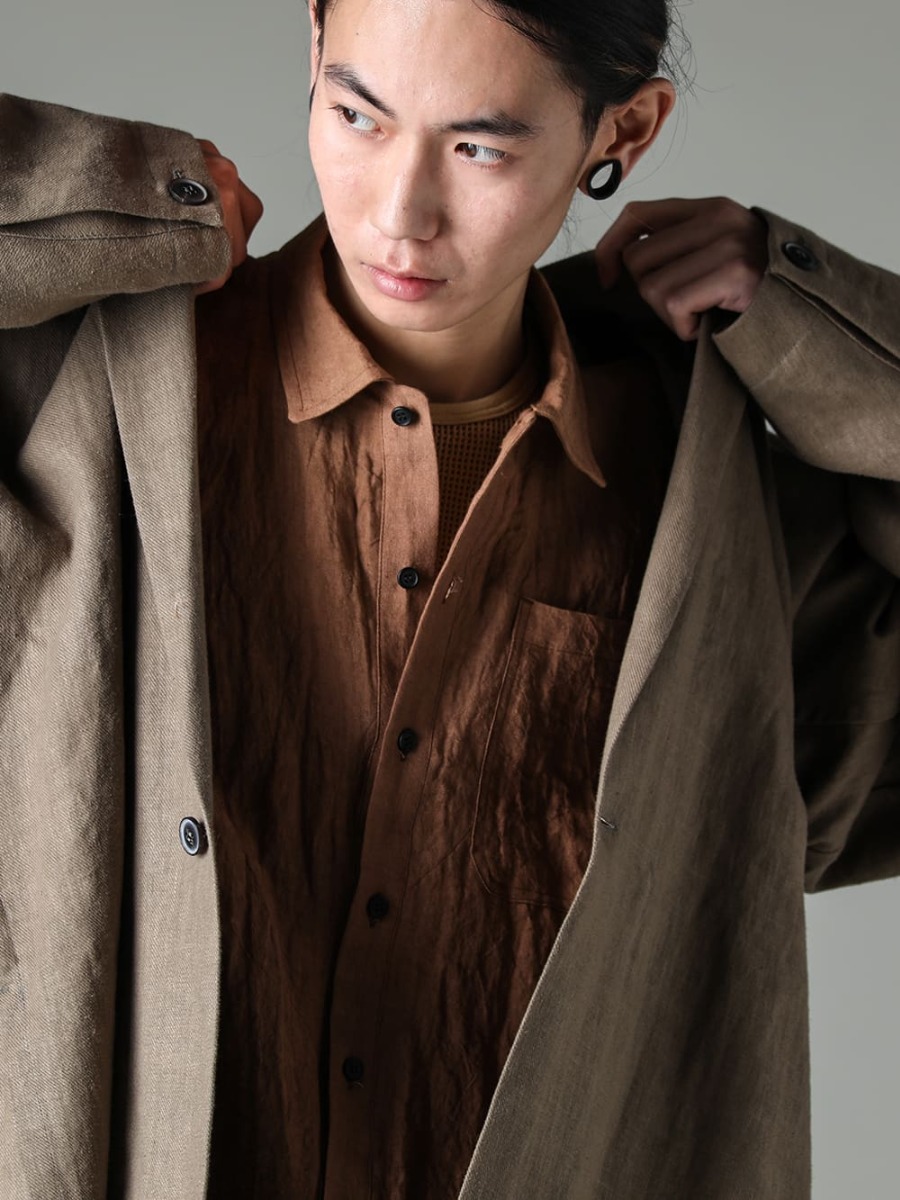 JAN JAN VAN ESSCHE 23SS(Spring-Summer) JACKET#50 by JAN-JAN that is a tailored jacket and yet comfortable to wear - JACKET#50-JACKET #50-cement hemp twill - O15SRT4-KAKISHIBU-BOMER Shirt Kakishibu Die Flux Lawn - O15TT1-Mesh-YELLOW-BEIGE-Sleeveless Tee Co 2-002