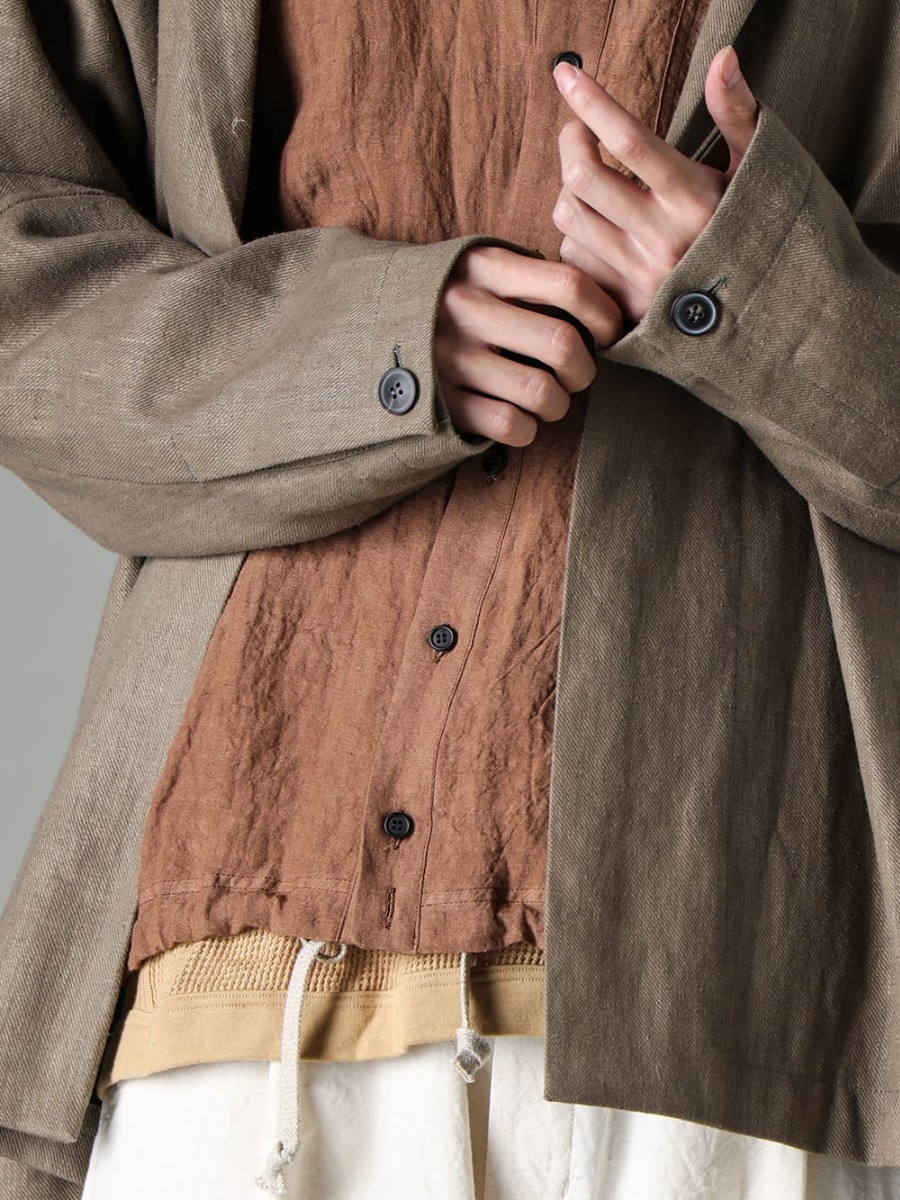 JAN JAN VAN ESSCHE 23SS(Spring-Summer) JACKET#50 by JAN-JAN that is a tailored jacket and yet comfortable to wear - JACKET#50-JACKET #50-cement hemp twill - O15SRT4-KAKISHIBU-BOMER Shirt Kakishibu Die Flux Lawn - O15TT1-Mesh-YELLOW-BEIGE-Sleeveless Tee Co 2-003