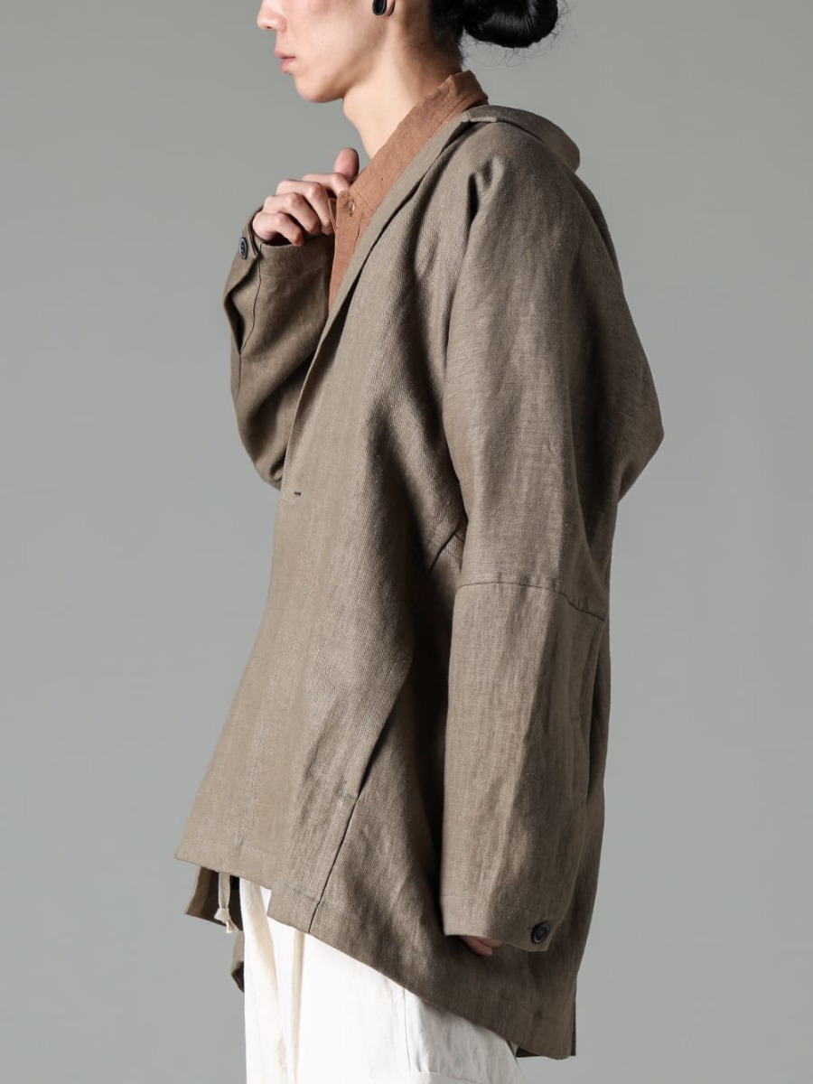 JAN JAN VAN ESSCHE 23SS(Spring-Summer) JACKET#50 by JAN-JAN that is a tailored jacket and yet comfortable to wear - JACKET#50-JACKET #50-cement hemp twill - O15SRT4-KAKISHIBU-BOMER Shirt Kakishibu Die Flux Lawn - O15TT1-Mesh-YELLOW-BEIGE-Sleeveless Tee Co 2-004