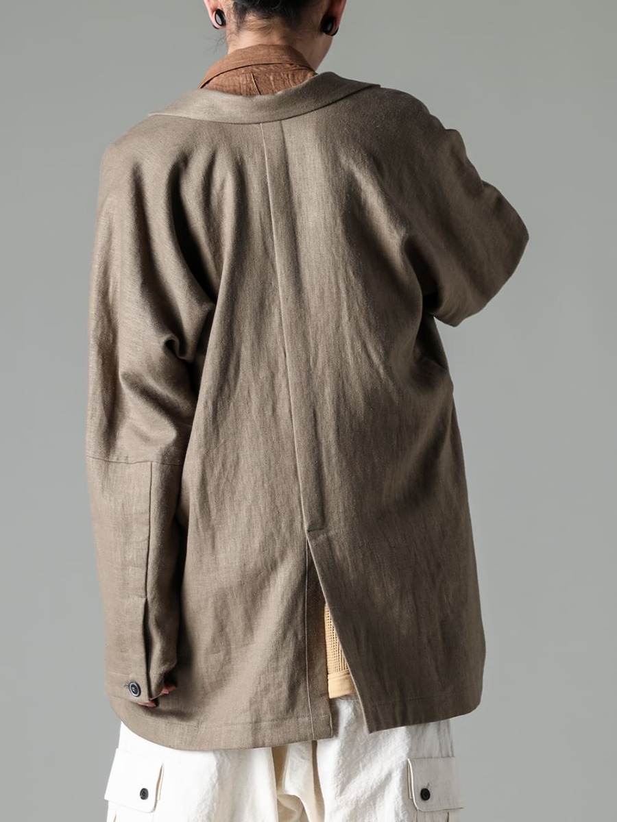 JAN JAN VAN ESSCHE 23SS(Spring-Summer) JACKET#50 by JAN-JAN that is a tailored jacket and yet comfortable to wear - JACKET#50-JACKET #50-cement hemp twill - O15SRT4-KAKISHIBU-BOMER Shirt Kakishibu Die Flux Lawn - O15TT1-Mesh-YELLOW-BEIGE-Sleeveless Tee Co 2-005