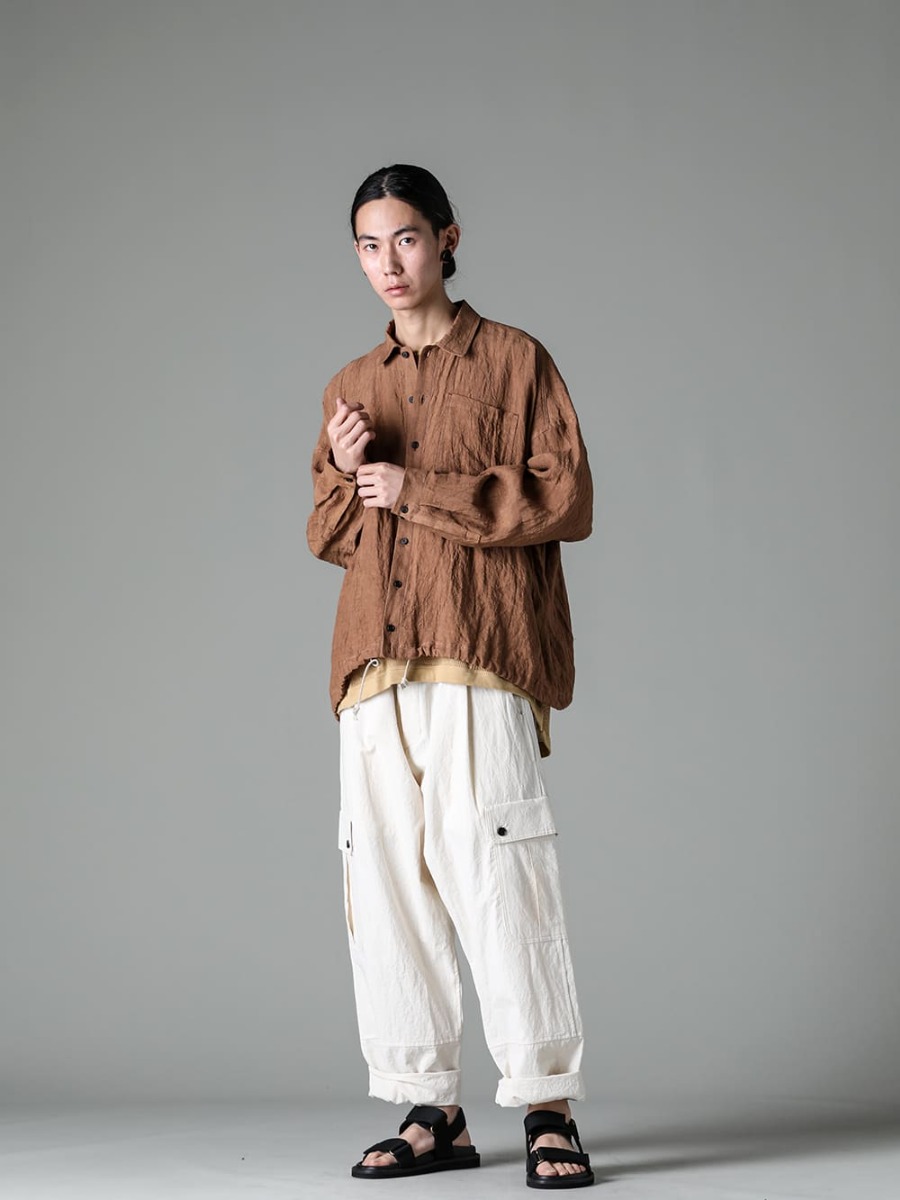  JAN JAN VAN ESSCHE 23SS(Spring-Summer) JAN-JAN VAN ESSCHE Tailored Jacket Long Sleeve Shirt but comfortable to wear even in midsummer Linen Lawn Shirt O15SRT4-KAKISHIBU-Bomer Shirt Kakishibu Die Flax Lawn - O15TT1-Mesh-YELLOW-BEIGE-Sleeveless Tee Cotton Mesh Yellow Beige 3-001