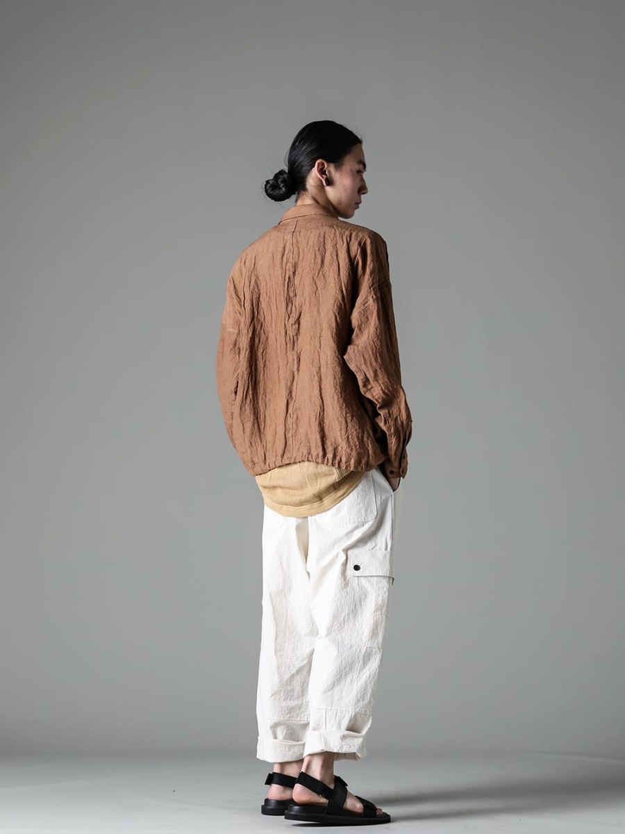 JAN JAN VAN ESSCHE 23SS(Spring-Summer) Linen Lawn Shirt that is a long sleeve shirt but can be worn comfortably even in midsummer - O15SRT4-KAKISHIBU-Bomer Shirt Kakishibu Die Flux Lawn - O15TT1-Mesh-YELLOW-BEIGE-Sleeveless Tee Cotton Mesh Yellow Beige 3-002