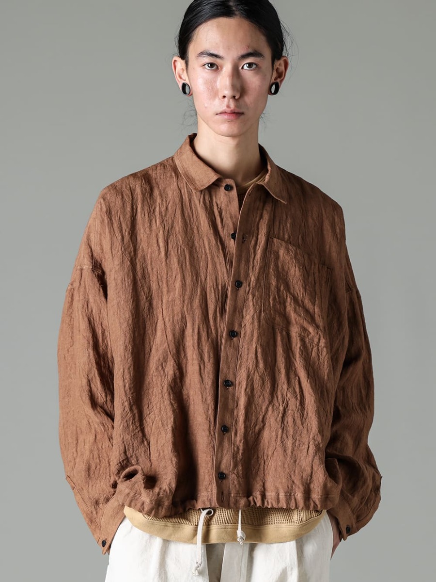 JAN JAN VAN ESSCHE 23SS(Spring-Summer) Linen Lawn Shirt that is a long sleeve shirt but can be worn comfortably even in midsummer - O15SRT4-KAKISHIBU-Bomer Shirt Kakishibu Die Flux Lawn - O15TT1-Mesh-YELLOW-BEIGE-Sleeveless Tee Cotton Mesh Yellow Beige 3-003