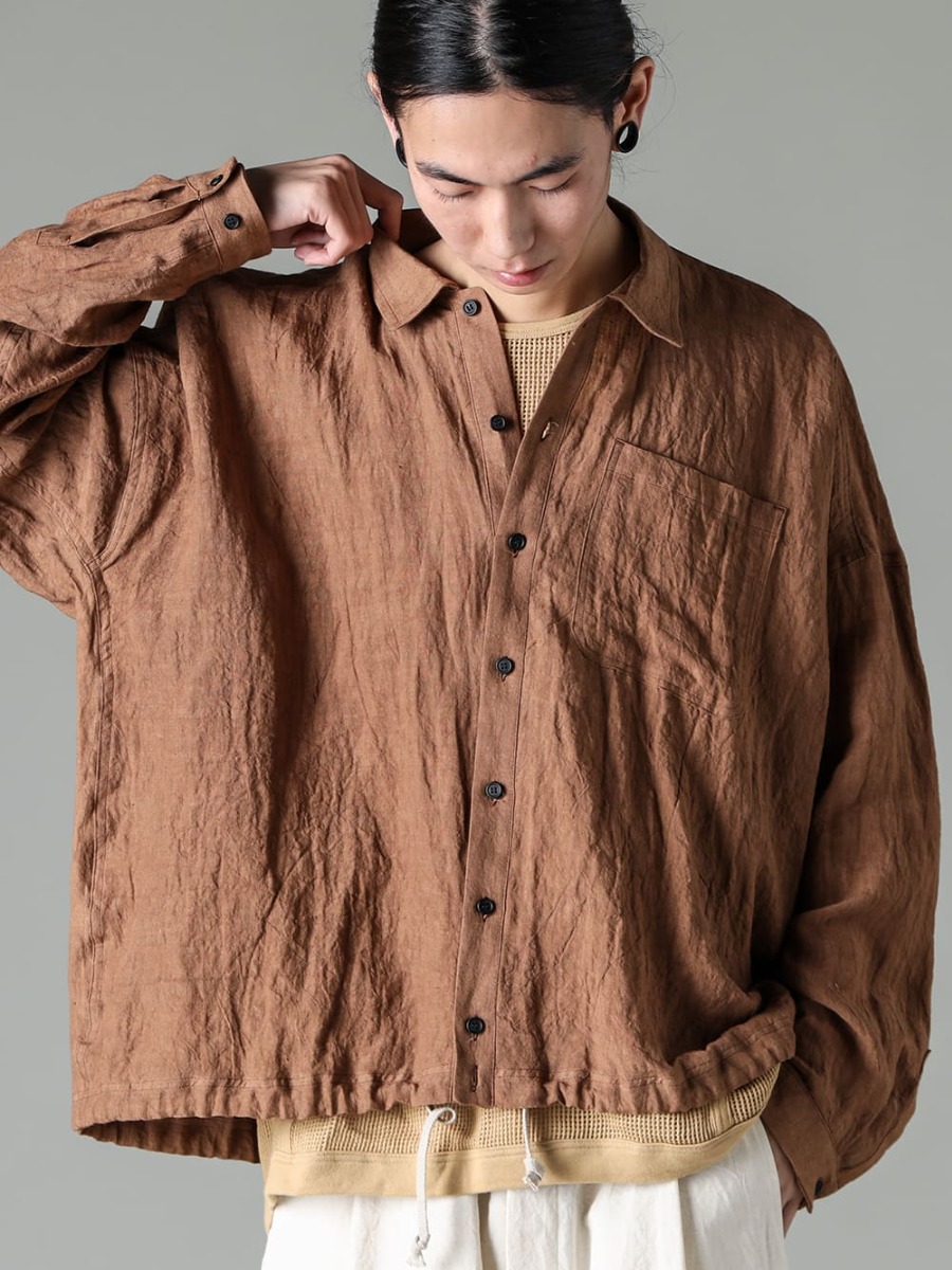 JAN JAN VAN ESSCHE 23SS(Spring-Summer) Linen Lawn Shirt that is a long sleeve shirt but can be worn comfortably even in midsummer - O15SRT4-KAKISHIBU-Bomer Shirt Kakishibu Die Flux Lawn - O15TT1-Mesh-YELLOW-BEIGE-Sleeveless Tee Cotton Mesh Yellow Beige 3-006