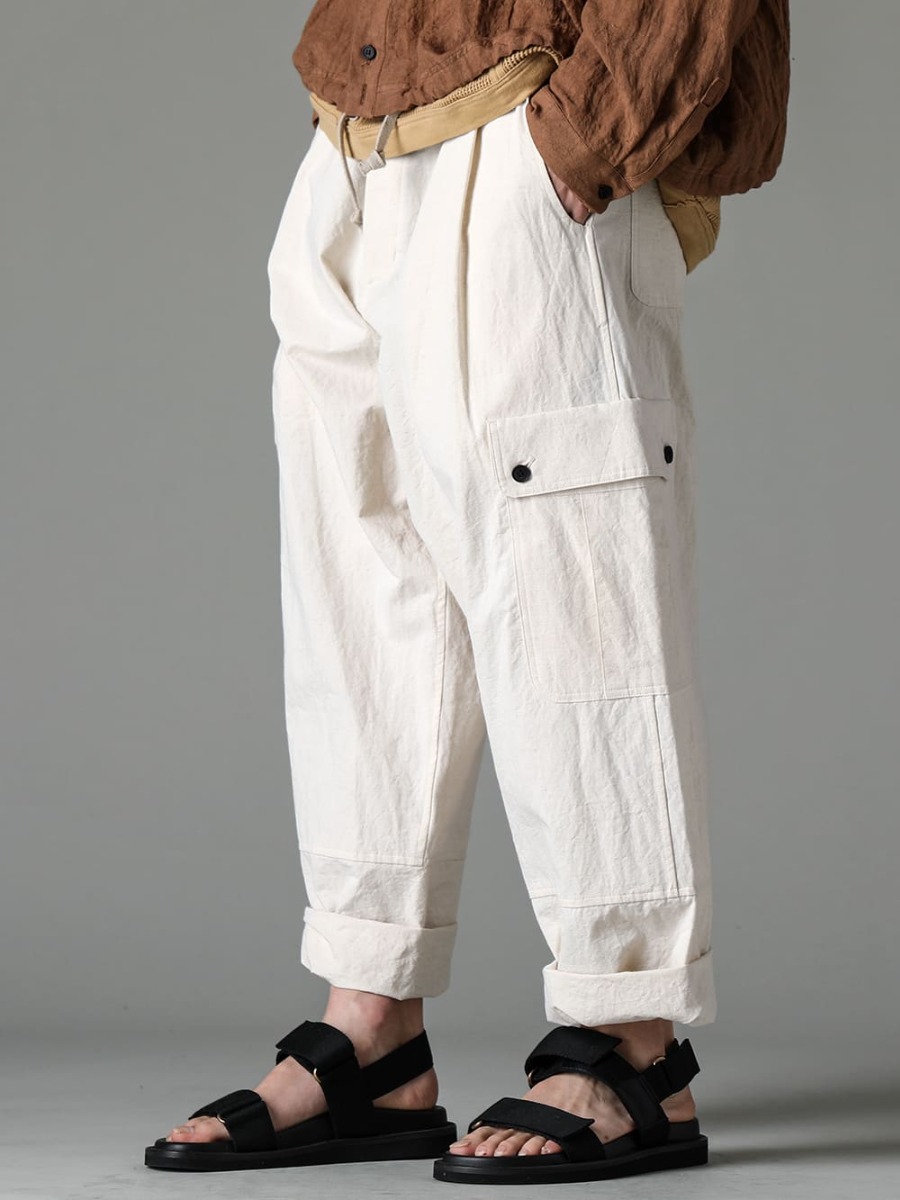 JAN JAN VAN ESSCHE 23SS(Spring-Summer) Cargo pants in kinari color that makes earth color style look fresh at once - O15TR3-KINARI-Cargo trousers Kinari Fine Canvas - US9561-Black-Men’s Sandals Black 4-004