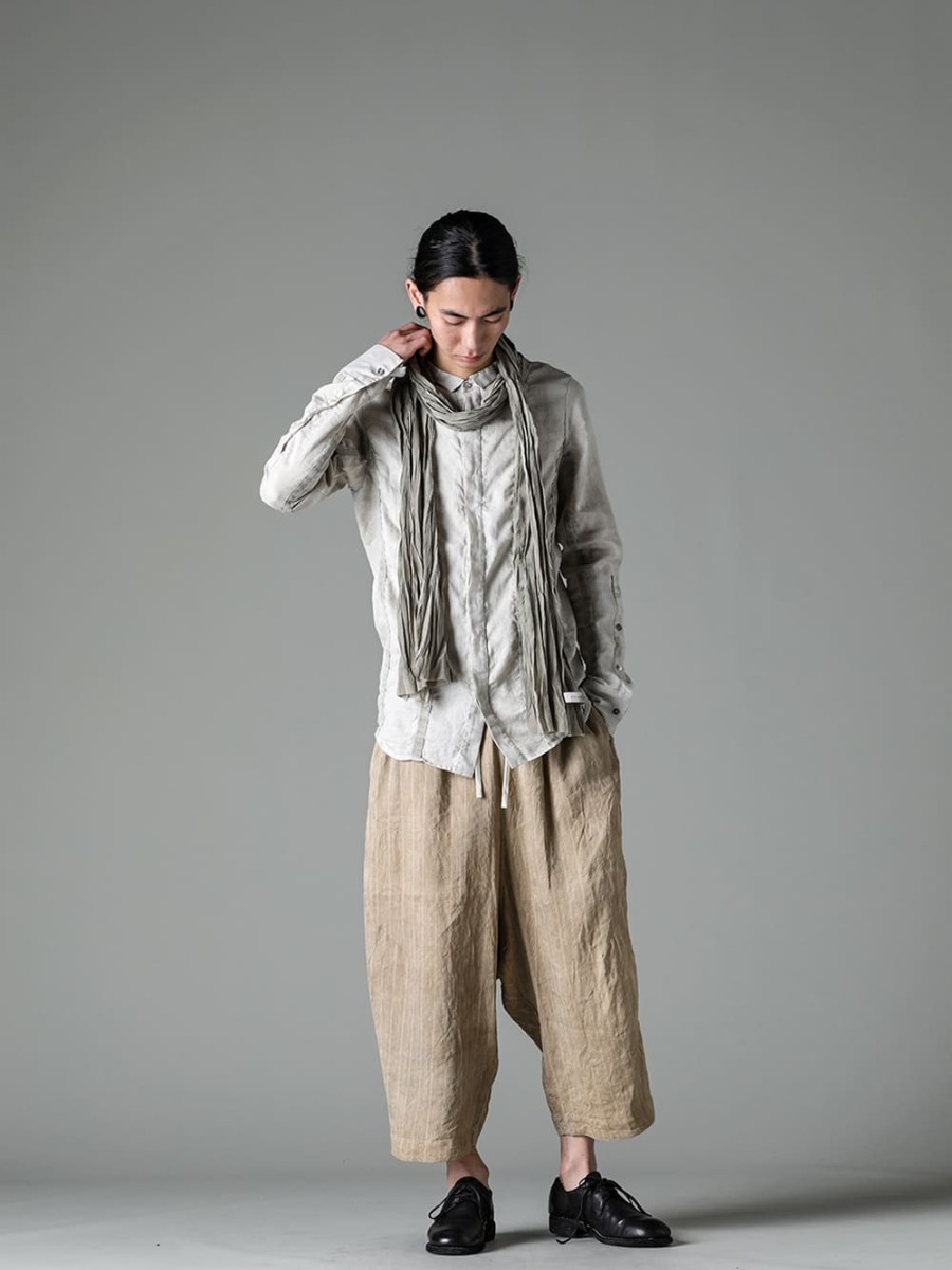 masnada-マスナダ 23SS(春夏) リネンビスコースのシャリ感とドレープ性を上品に構築 - M3059-テープスリムシャツ - Stole-No-10-シルク ストール ベージュ - HP099-TRTL-フィッシャーマン パンツ - 992X-Black-クラシック ダービーシューズ レースアップ シングルソール - ホース フルグレイン - 992X 3-007
