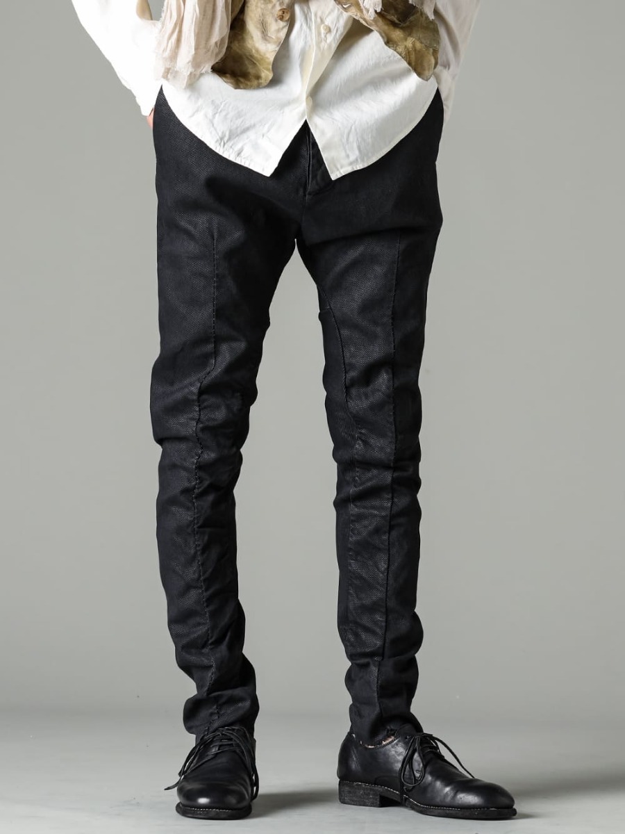 NOUSAN 23SS Unique finish with random coating by hand M3022-Smeared-Black-Rib Insert Dart Slim Pants Simiard Black - 992X-Black-Classic Derby Shoes Lace Up Single Sole - Horse Full Grain - 992X 3-001