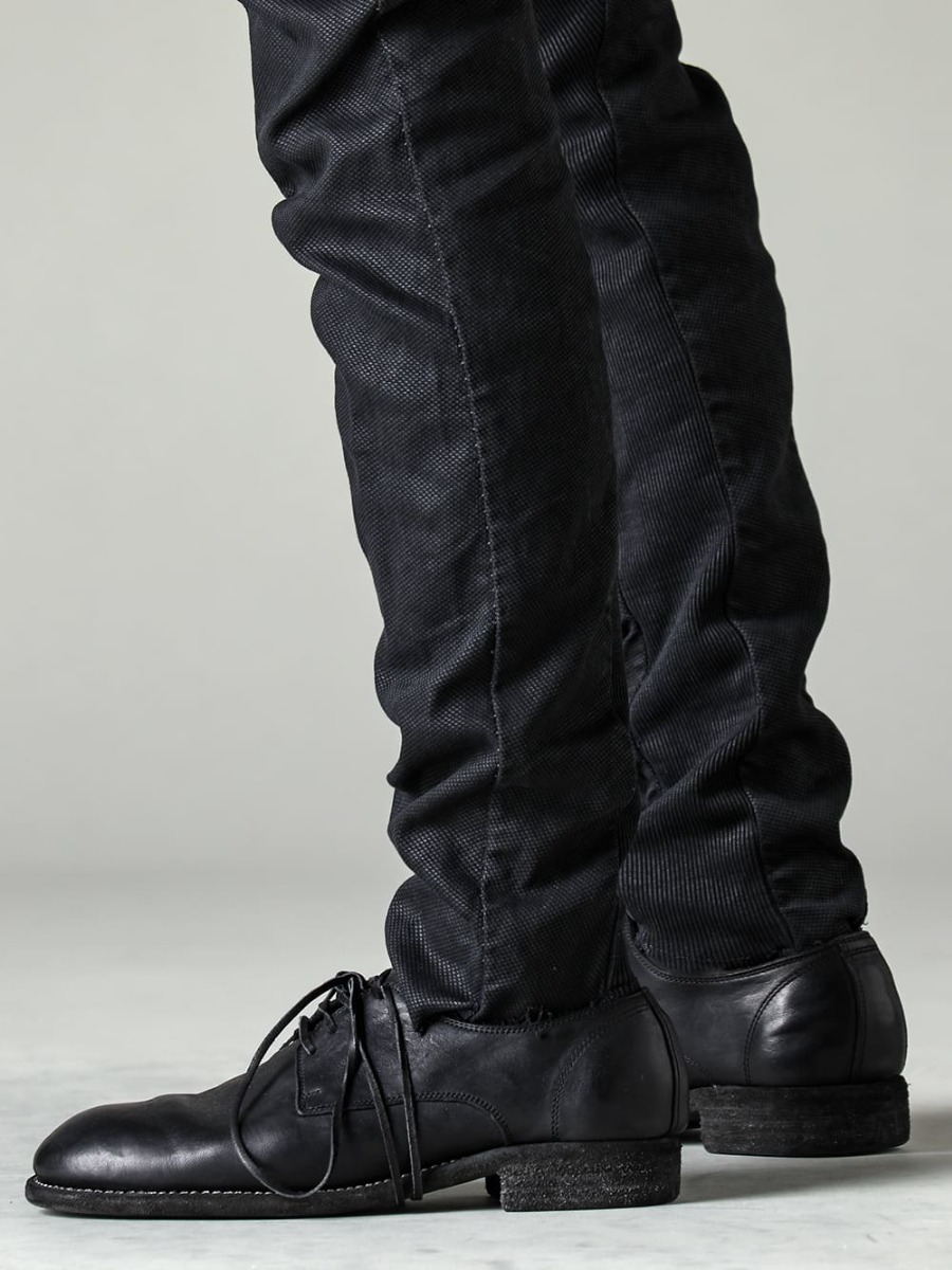 NOUSAN 23SS Unique finish with random coating by hand - M3022-Smeared-Black-Rib Insert Dart Slim Pants Simiard Black - 992X-Black-Classic Derby Shoes Lace Up Single Sole - Horse Full Grain - 992X 3-006