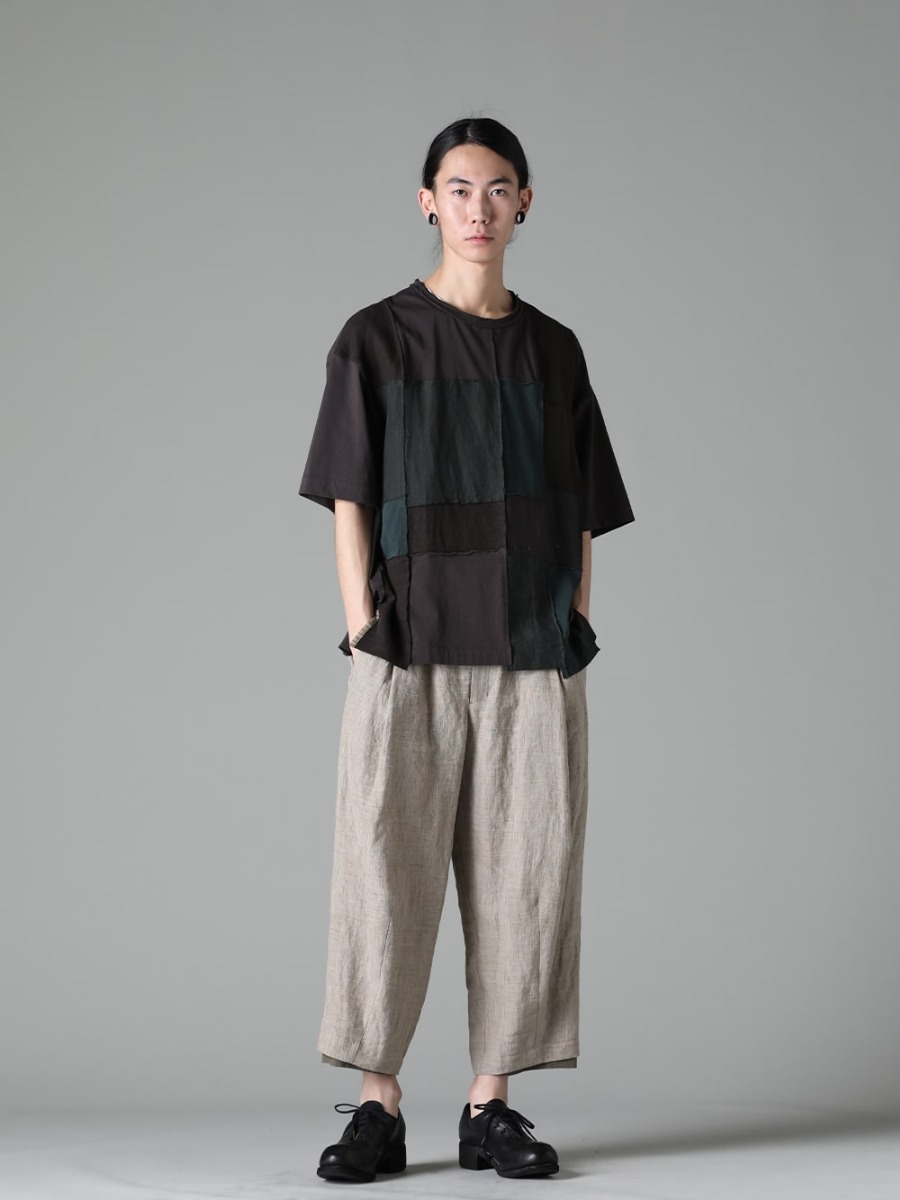 DEVOA 23SS Styling Samples - 0M2310203 Patchwork T-Shirt - PTI-STCB-Dune Baggy Cropped Pants Ramie Dune - PL10L-BLKT Orthopedic Derby Shoes Horse Full Grain Leather - PL10L 3-004