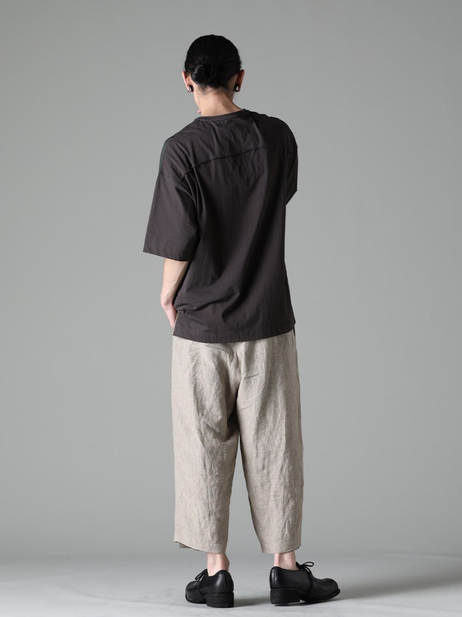 DEVOA 23SS Styling Samples - 0M2310203 Patchwork T-Shirt - PTI-STCB-Dune Baggy Cropped Pants Ramie Dune - PL10L-BLKT Orthopedic Derby Shoes Horse Full Grain Leather - PL10L 3-005
