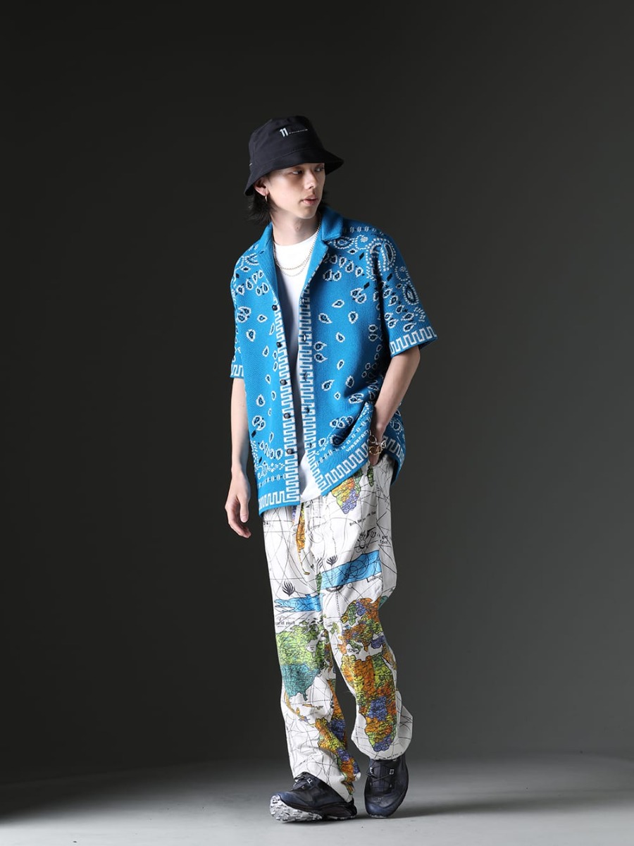 アラヌイ / アクロニウム  / タカヒロミヤシタザソロイスト / セントマイケル / イレブン バイ ボリス ビジャン サベリ 2023SS スタイリング - ブルーの作品をメインにした、季節感ある涼しげなカジュアルスタイル - デザイン性と季節感のあるラフなスタイル - LMHS23-022(バンダナ ピケットシャツ ブルースウィムマルチ) S25-PR-C-White(Sleeveless T-shirt White) ST-BUCKET-GORE-TEX-11XNE(イレブン バイ ボリス ビジャン サベリ × ニューエラ - バケット ゴアテックス) sa.0038SS23-Silver(ボールチェーンネックレス-S-レギュラー シルバー) sa.0038SS23-Gold(ボールチェーンネックレス-S-レギュラー ゴールド) sa.0036SS23-Silver(ボーンシェイプド カラビナ ブレスレット/S/シルバー) sa.0036SS23-Gold(ボーンシェイプドカラビナブレスレット-S- ゴールド) SM-S23-0000-083(セントマイケル × ドクター・ウー WORLD MAP パジャマパンツ) BAMBA5-11XS-Black-Dye(バンバ5 - 11XS - ブラックダイ) - 1-001