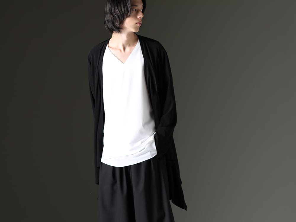 グラウンドワイ / キリュウキリュウ 2023SS - はっきりとしたホワイト色で清涼感を演出。 - GA-T28-803(T/A ヴィンテージデシン コンビネーションレイヤード ドレープカーディガン) KP-HT33-056-White-White(Vネック レイヤード Tシャツ ホワイト&ホワイト) - 2-001