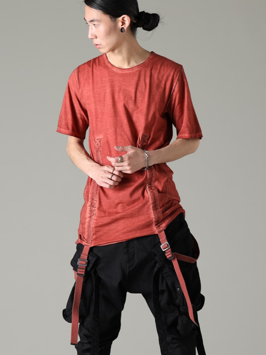 D.HYGEN 23SS Military details and processing give it unique appeal - ST101-0823S-Brick 30/- Soft Cotton Jersey Cold Dye Belt Adjustable T-Shirt Brick 1-001