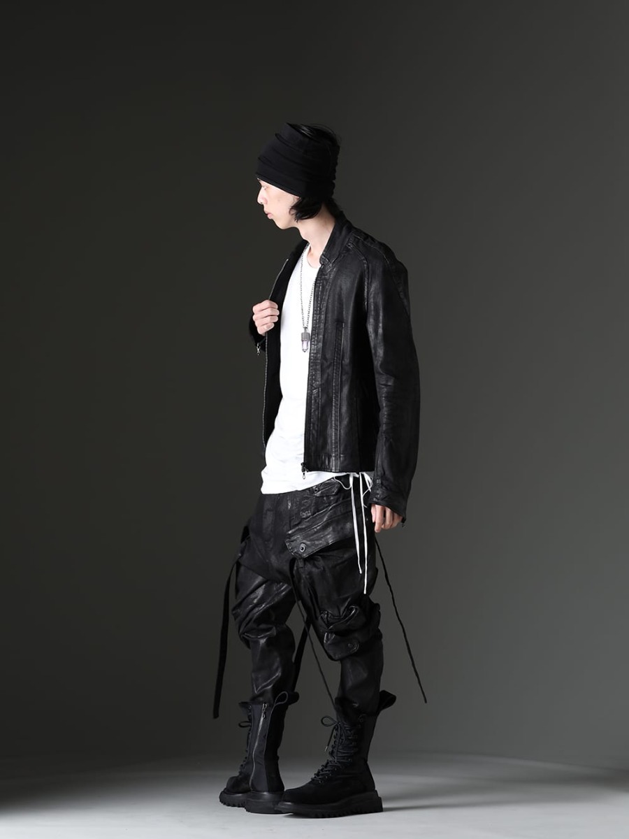 Julius / Parts of Four 2023SS - Coated masterpiece, seamed jacket - 819BLM2-C(10.5oz 10.5oz Stretch Denim Coating Seamed Jacket) 819CUM4-offwhite(Cotton/Cupro Jersey Drawcord Short Sleeve T-Shirt Off White) 819ACU3-black(Cotton/Cupro Jersey Hair Band Black) R-198-MA+BAQ(Talisman necklace SPECIMEN Brandberg Amethyst Quartz) 818PAM15-C(The R Limited 10.5oz Stretch Denim Gas Mask Coating Cargo Pants) 807FWM1(Cow Velor Lace Up Combat Boots) - 1-003