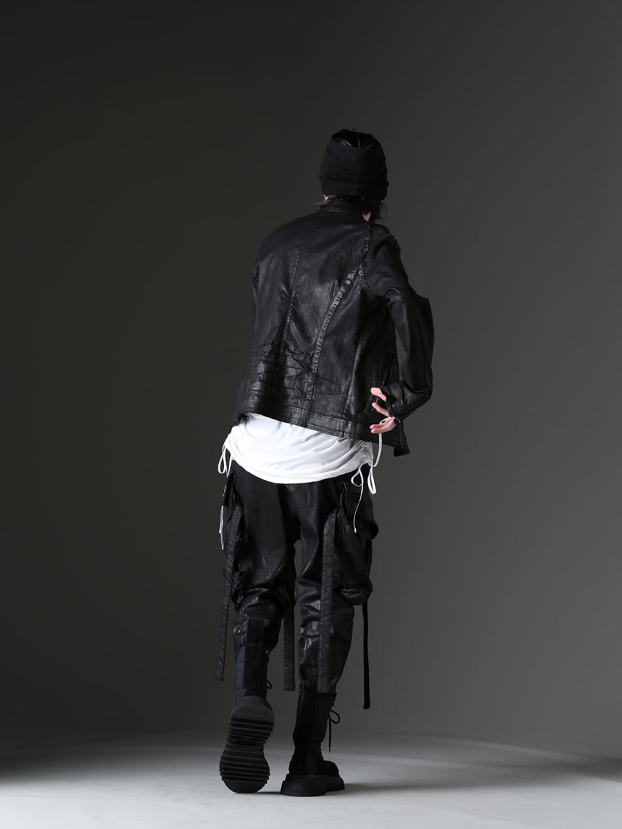 Julius / Parts of Four 2023SS - Coated masterpiece, seamed jacket - 819BLM2-C(10.5oz 10.5oz Stretch Denim Coating Seamed Jacket) 819CUM4-offwhite(Cotton/Cupro Jersey Drawcord Short Sleeve T-Shirt Off White) 819ACU3-black(Cotton/Cupro Jersey Hair Band Black) R-198-MA+BAQ(Talisman necklace SPECIMEN Brandberg Amethyst Quartz) 818PAM15-C(The R Limited 10.5oz Stretch Denim Gas Mask Coating Cargo Pants) 807FWM1(Cow Velor Lace Up Combat Boots) - 1-004