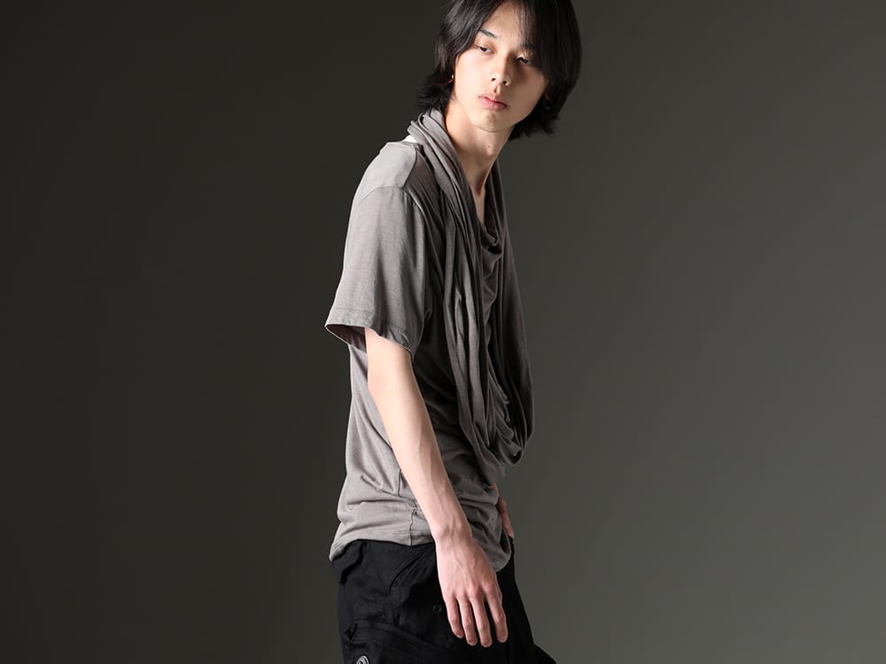 JULIUS 2023SS - Beautiful and practical cotton cupra drape-neck T-shirt - 819CUM5-gray(Cotton/Cupro Jersey Drape Neck Short Sleeve T-Shirt Gray) - 2-002
