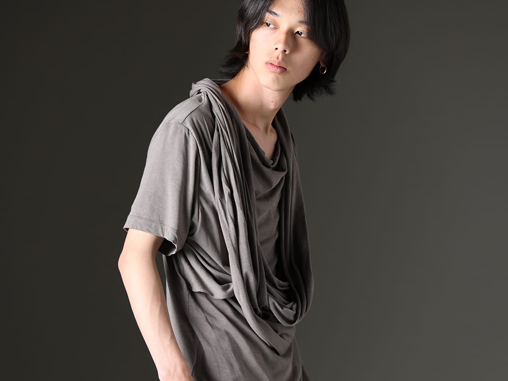 JULIUS 2023SS - Beautiful and practical cotton cupra drape-neck T-shirt - 819CUM5-gray(Cotton/Cupro Jersey Drape Neck Short Sleeve T-Shirt Gray) - 2-005