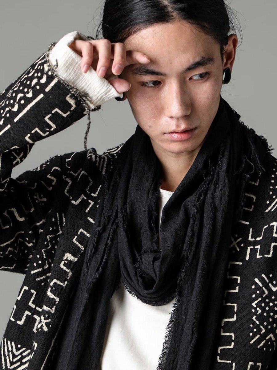 OLUBIYI THOMAS 23SS Textiles with designer's heart  - 3202.7-1-Kimono Back Cardigan #1 - T1-mrc-off w-Micro Brushed Cotton Long Sleeve Cut & Sewn Off White - Stole-No-8-Stole Cross stitch linen Black 2-002