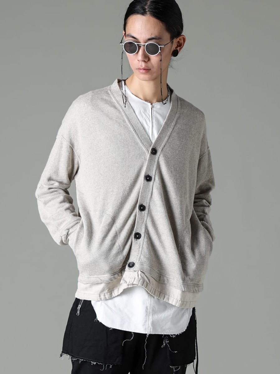 The Viridi-anne 2023SS Layered Design Spring Cardigan  - The cardigan features a layered design using expressive cotton-linen fabric. VI-3600-01-Gray-Beige - Linen/Cotton Jersey Cardigan Gray Beige - N10-White - Docking Tunic White 2-001