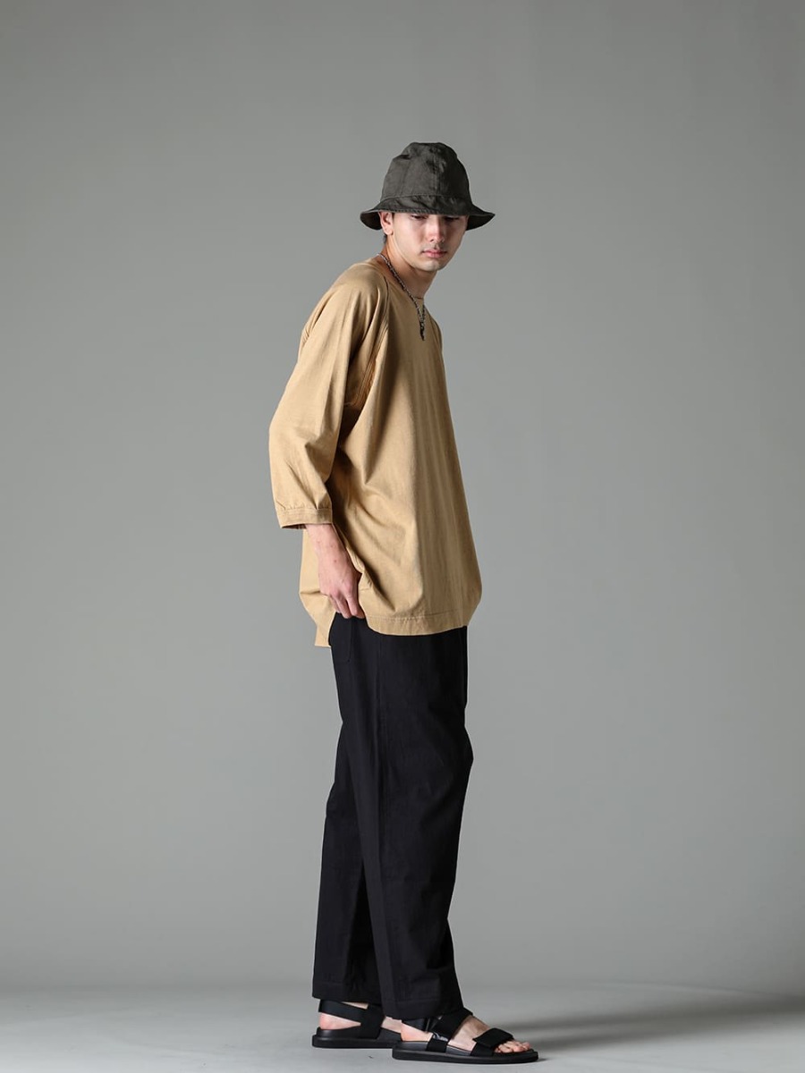 O PROJECT 23SS (Spring/Summer) Styling Adding accessories based on O project wear - O15TS2-YELLOW-BEIGE-cropped sleeve tee cotton hemp jersey yellow beige - O15TR4-BLACK-jogging trousers water- Reperent Dense Cross Black - US9561-Black-Men's Sandals Black - 015HAT1-DK-GREY-Fisher Men's Hat Dark Gray Fine Canvas - GP3-GP3 - Cross Pendant - GN1-50-GN1-50 - Handmade Chain Necklace 50cm1-002