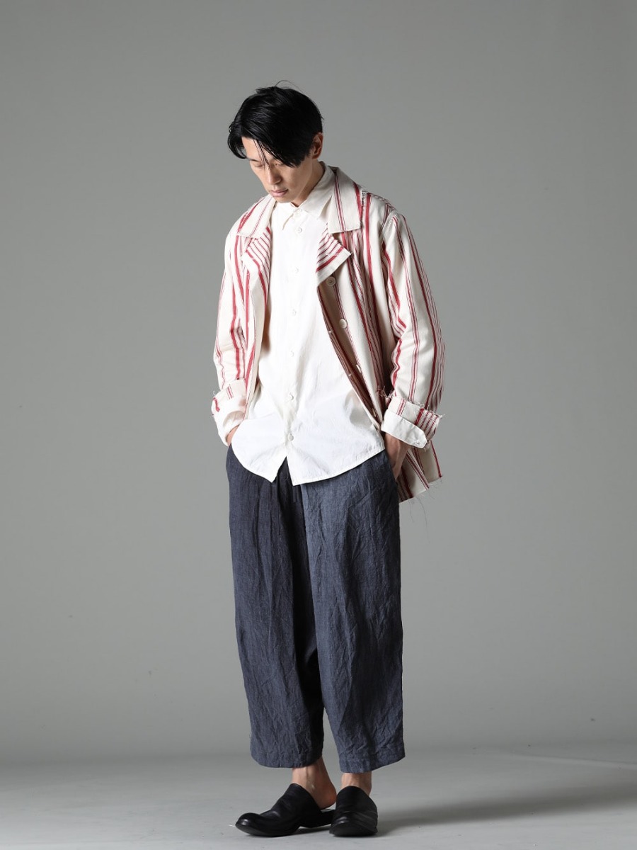 OLUBIYI THOMAS NOUSAN forme d'expression masnada 23SS styling 鮮やかな赤と白のストライプ生地を活かした涼しげで洗練されたコーディネート - 3204.5 Double-breasted work jacket shirt Regular collar shirt HP099-006N Fisherman pants M30S01 Sabo 1-001