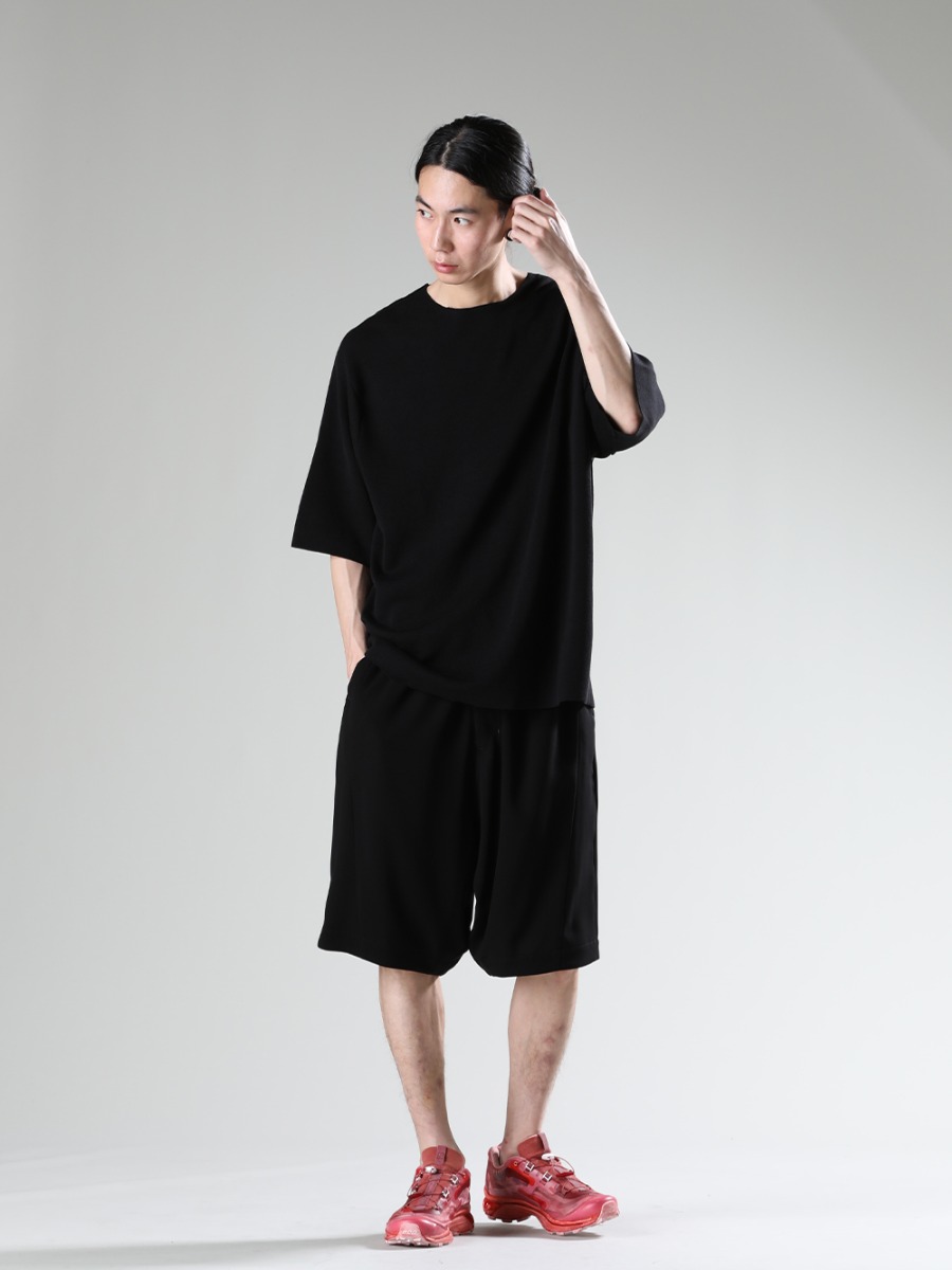 DEVOA 11 by Boris Bidjan Saberi 23SS Styling Samples - KTS-CSL1-Black Knit Short Sleeve Cotton / Silk / Linen Black PTN-SPDH Short pants Matt Polyester ST BAMBA5 11XS WH/WH/VA-ROSE Bamba 5 11XS WH/WH/VA Rose 3-001