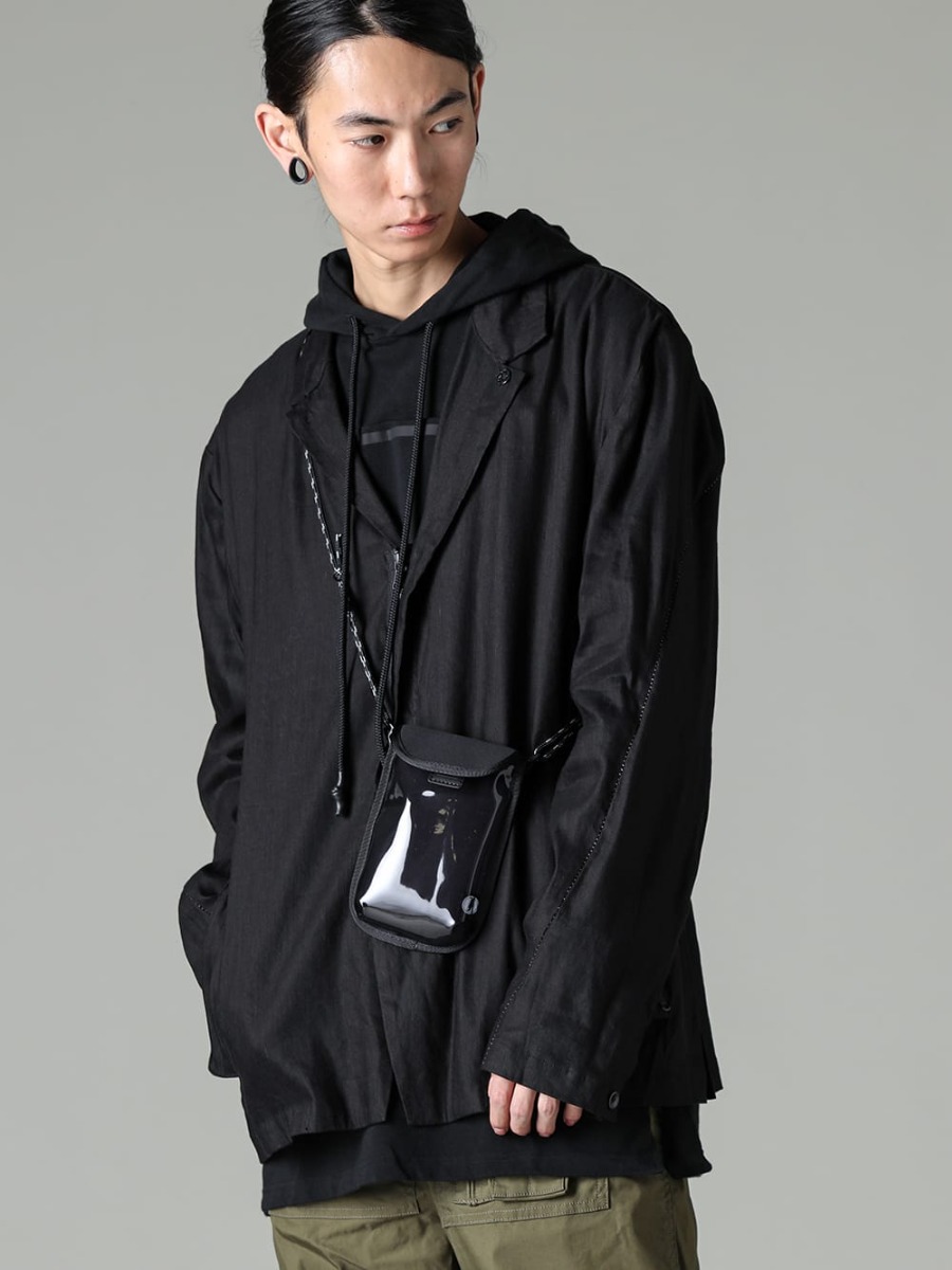 RIPVANWINKLE 2021SS 2022SS 2023SS Jacket with convenient front zip and black coordination by layered hoodie  - This is a voluminous jacket blouson characterized by the crisp texture of linen and the unique thick texture of rayon. - RW-439 - Revolution Jacket BS Black - RW-303-Black - Layered Hoodie Black Black - RW-550 - Mobile Pouch 2-001