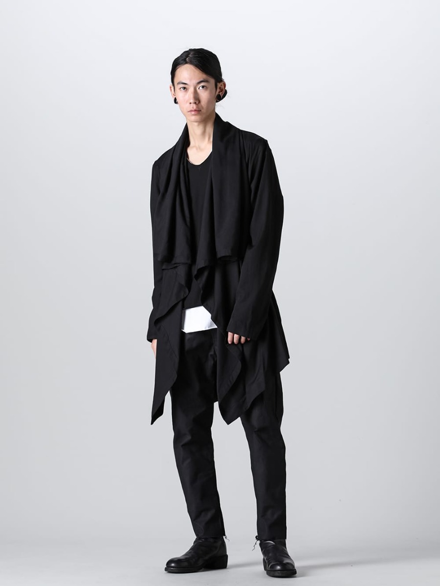 JULIUS 2023SS Styling - Brand Mix Styling in Black, with the Draped Shirt as the Main Piece! - 819SHM1-black - Rayon/Cotton Cloth Drape shirt Black - N19-Black/White - Layered Cutsew -0th- Black/White - N12 - Low Clotch Pants -Light- - 788Z_H - Back Zip Boots Double Sole - Horse Full Grain Leather 1-001