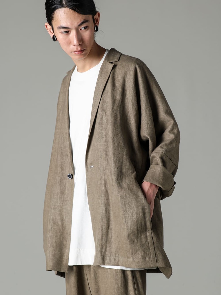 JAN JAN VAN ESSCHE- JAN JAN VAN ESSCHE 23SS(SPRING-SUMMER) COMFORTABLE JACKET WITH ALL THE RIGHT ELEMENTS FOR SPRING - JACKET#50-JACKET #50 CEMENT HEMP TWILL - O15TS1-KINARI-SS TEE COTTON HEMP JERSEY KINARI 2-006