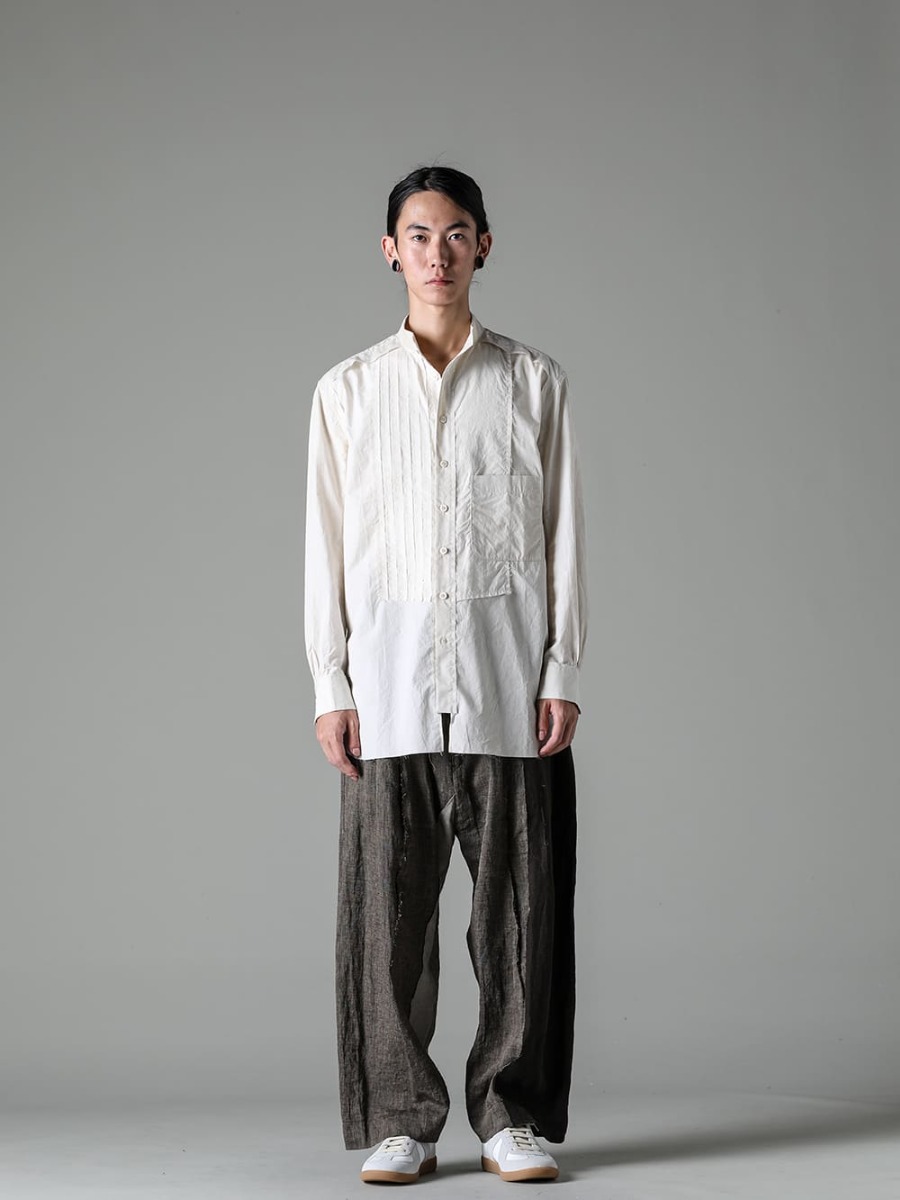 ZIGGY CHEN 23SS - Smoked white color with vintage-like texture - Easy-to-handle shirt in the 23SS lineup - 0M2310709-Mandarin Collar Hybrid Dress Shirt - 0M2310533-Multi-Fabric Paneled Trousers - S57WS0236-Replica Low Top 1-001