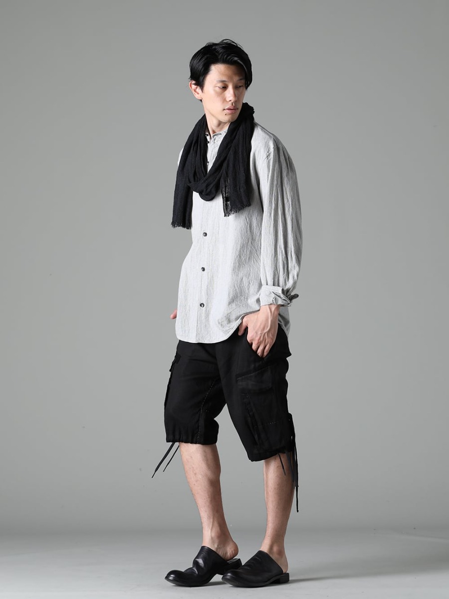 NOUSAN(ノウザン) 23SS(春夏)  シンプルになりがちな夏場のスタイルにアクセントを - center seam shirt センターシームシャツ - Stole-No-3 ストール リネン ガーゼ ブラック - M3058 ドローストリングヘムバミューダ - M30S01 サボ 1-002