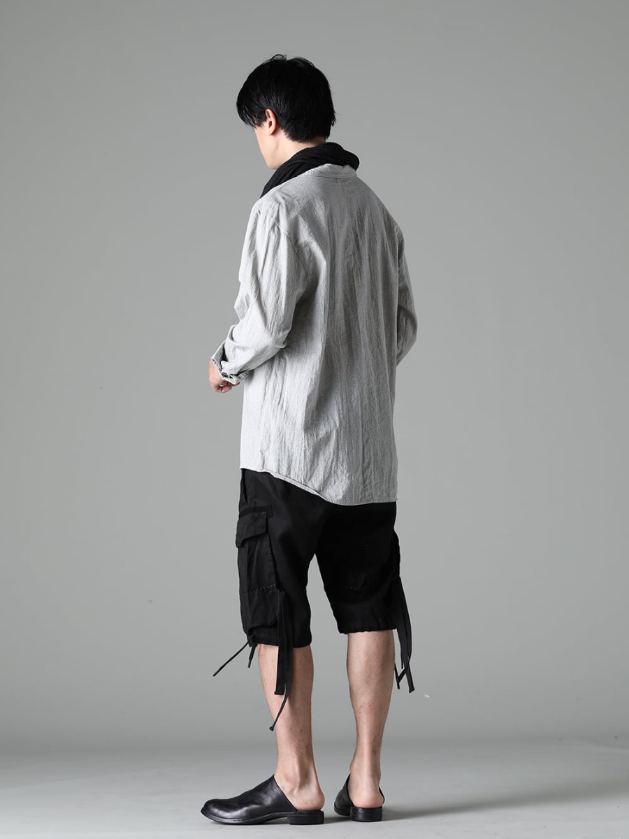 NOUSAN(ノウザン) 23SS(春夏)  シンプルになりがちな夏場のスタイルにアクセントを - center seam shirt センターシームシャツ - Stole-No-3 ストール リネン ガーゼ ブラック - M3058 ドローストリングヘムバミューダ - M30S01 サボ 1-003