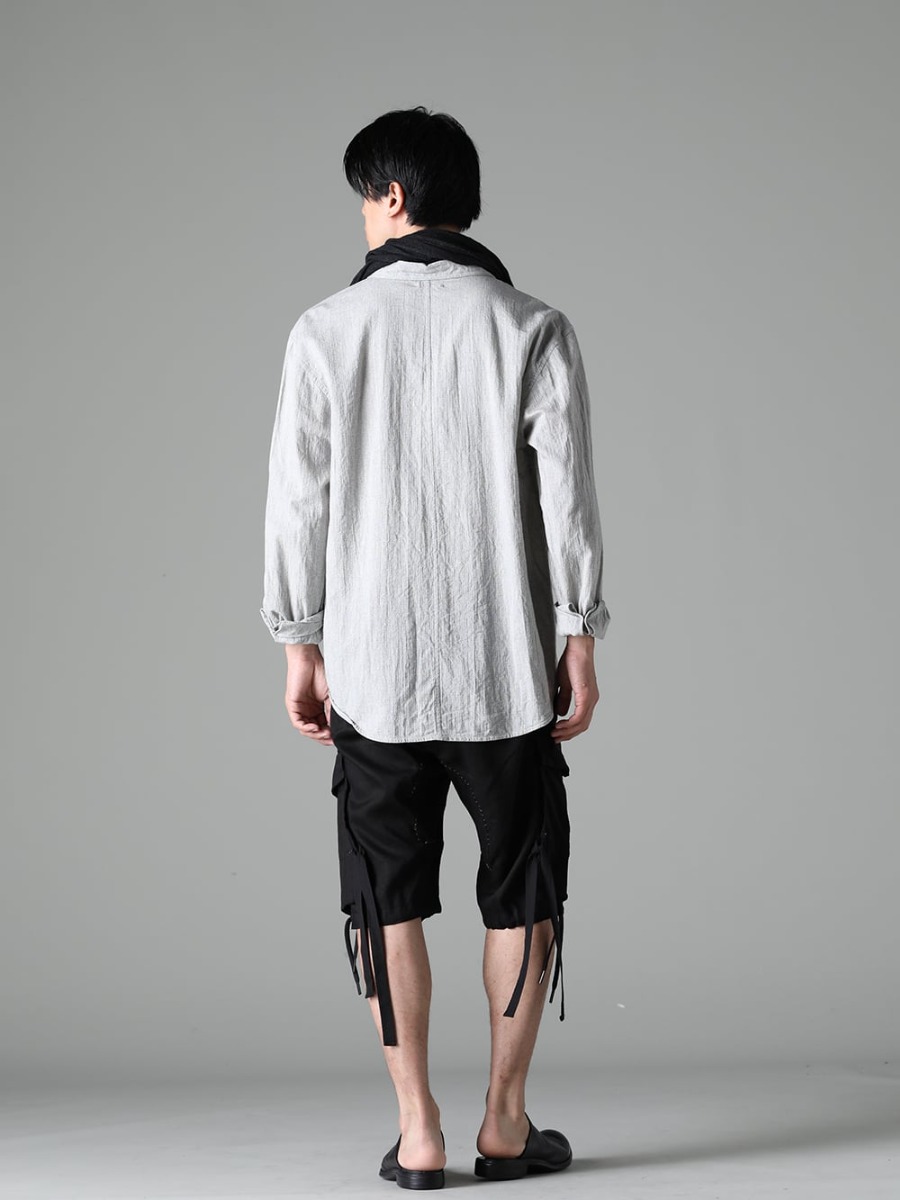 NOUSAN(ノウザン) 23SS(春夏)  シンプルになりがちな夏場のスタイルにアクセントを - center seam shirt センターシームシャツ - Stole-No-3 ストール リネン ガーゼ ブラック - M3058 ドローストリングヘムバミューダ - M30S01 サボ 1-004