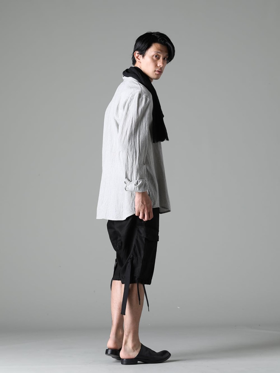 NOUSAN(ノウザン) 23SS(春夏)  シンプルになりがちな夏場のスタイルにアクセントを - center seam shirt センターシームシャツ - Stole-No-3 ストール リネン ガーゼ ブラック - M3058 ドローストリングヘムバミューダ - M30S01 サボ 1-005