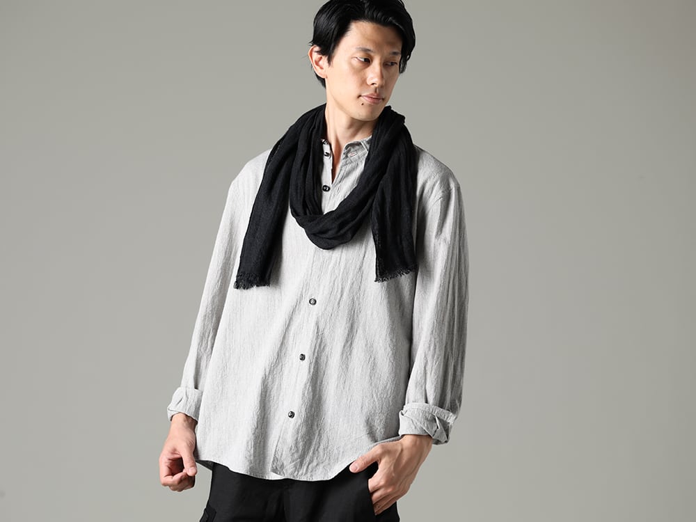 NOUSAN(ノウザン) 23SS(春夏) 日本の伝統的素材、和紙を使用した味わい深いシャツ  - center seam shirt センターシームシャツ - Stole-No-3 ストール リネン ガーゼ ブラック 2-001