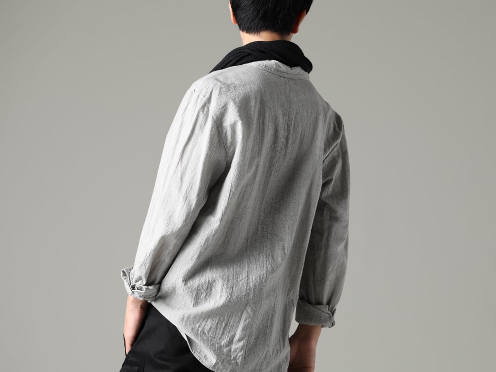 NOUSAN(ノウザン) 23SS(春夏) 日本の伝統的素材、和紙を使用した味わい深いシャツ  - center seam shirt センターシームシャツ - Stole-No-3 ストール リネン ガーゼ ブラック 2-005