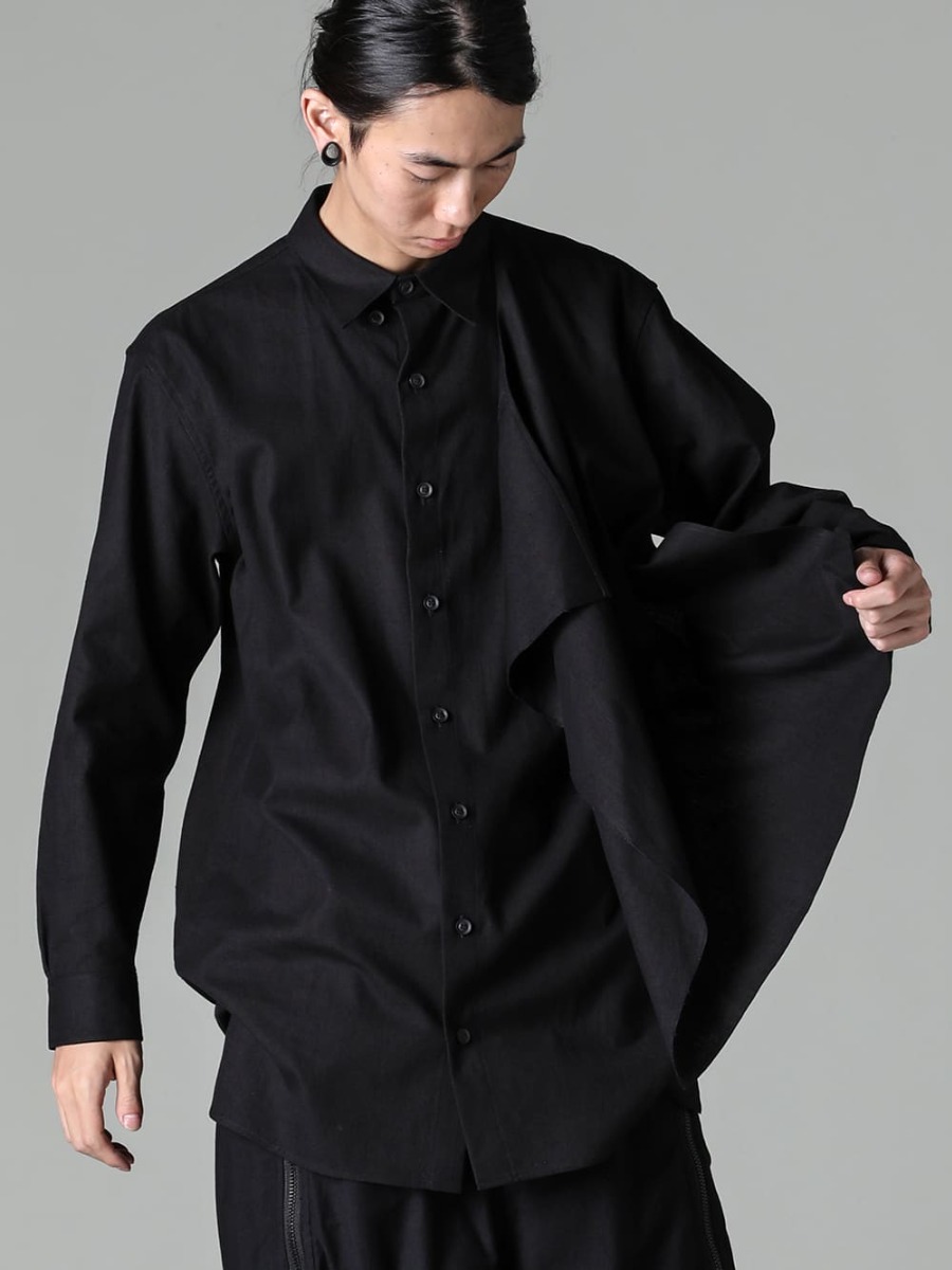 Yohji Yamamoto-ヨウジヤマモト 23-24AW(秋冬) ドレープデザインが魅力のブラウス  - HJ-B61-022-レフトサイドドレープブラウス 2-006