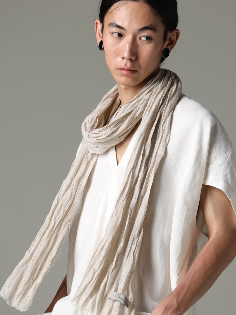 JAN-JAN VAN ESSCHE 23SS The fusion of material texture and unique design in the Tunic Shirt  - TUNIC#30 TUNIC #30 WIND KASURI LINEN COTTON CLOTH - Stole-No-1 Stole linen gauze beige 2-007