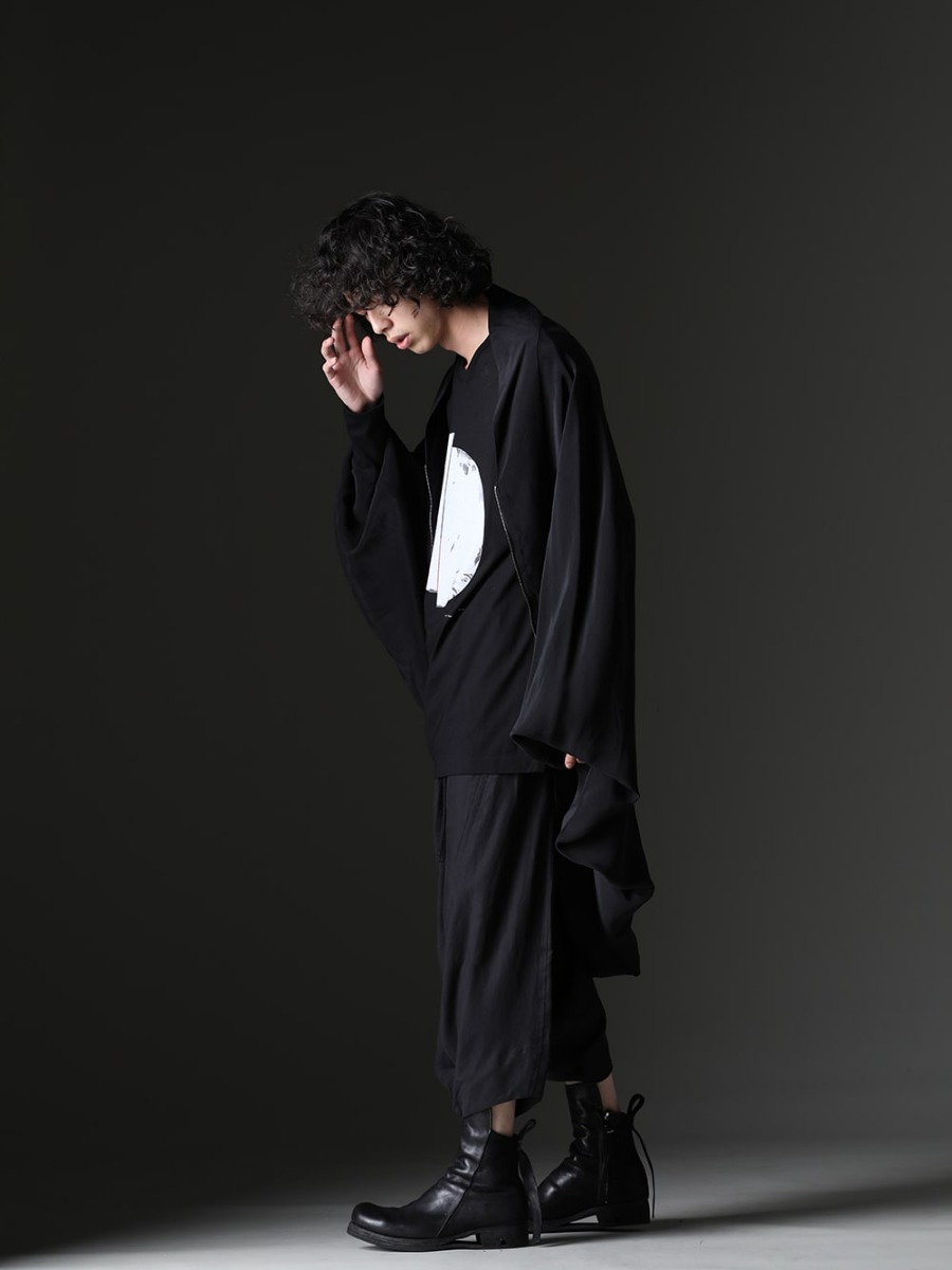 Julius / Boris Bidjan Saberi - Shirt outerwear style accentuates balloon-style silhouette - 827SHM4(Cupro Fibriled Cloth Kite Shirt) 827CPM1-Black(Cotton SZ Jersey T-shirt Black) 817PAM15(Cupro/Cotton Twill Over Crotch Pants) BOOTS1-F2519M(Boots 1 F2519M)) - 1-003