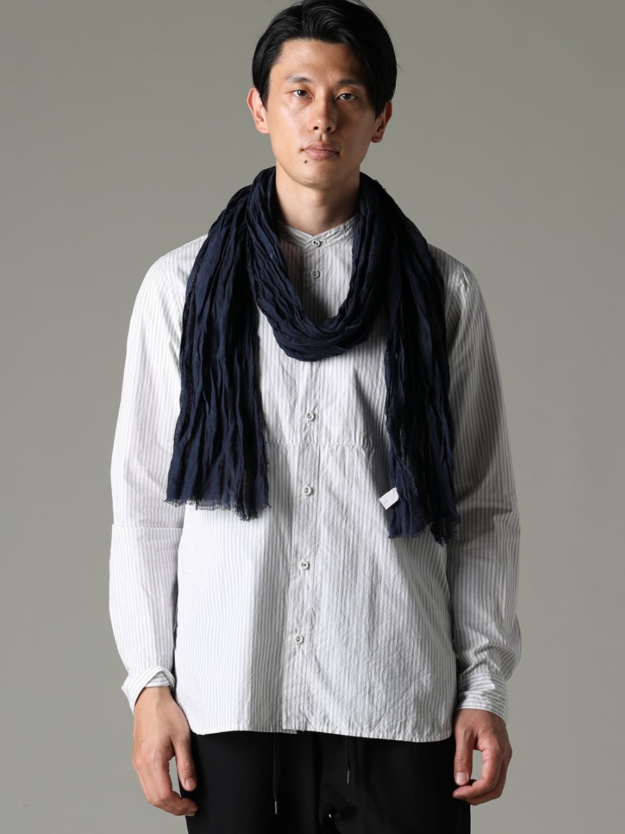 NOUSAN(ノウザン) 23SS(春夏) 清潔感のあるストライプ生地のスタンドカラーシャツ  - stand coller shirt スタンドカラーシャツ - Stole-No-2 ストール リネン ガーゼ ネイビー 2-001