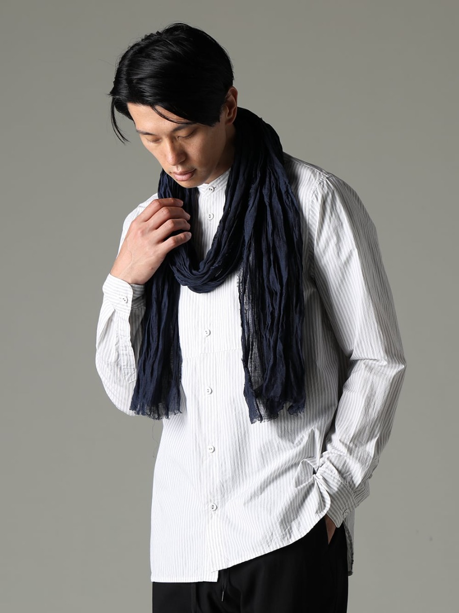 NOUSAN(ノウザン) 23SS(春夏) 清潔感のあるストライプ生地のスタンドカラーシャツ  - stand coller shirt スタンドカラーシャツ - Stole-No-2 ストール リネン ガーゼ ネイビー 2-002