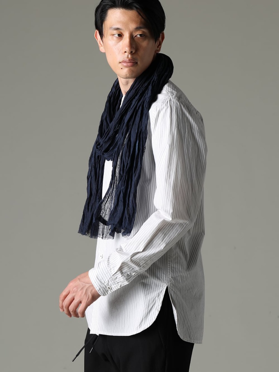 NOUSAN(ノウザン) 23SS(春夏) 清潔感のあるストライプ生地のスタンドカラーシャツ  - stand coller shirt スタンドカラーシャツ - Stole-No-2 ストール リネン ガーゼ ネイビー 2-005