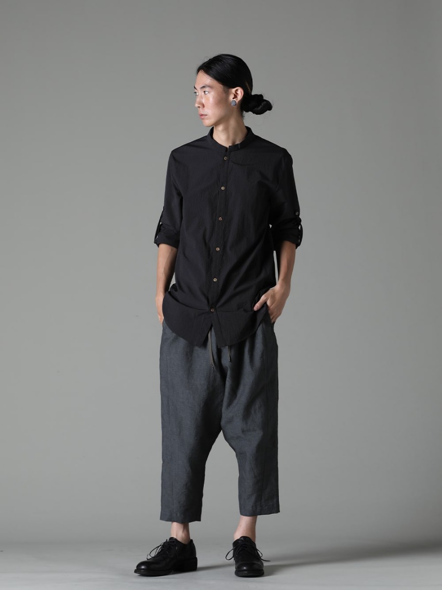 DEVOA ZIGGY CHEN GUIDI 23SS Styling with T-shirt - PTN-BLKL-Blue-Gray Dropped Crotch Cropped Pants Linen Blue-Gray - 0M2310210 Contrast Patchwork T-Shirt - 792Z Classic Derby Shoes Lace-up Double Sole - Horse Full Grain - 792Z 3-002