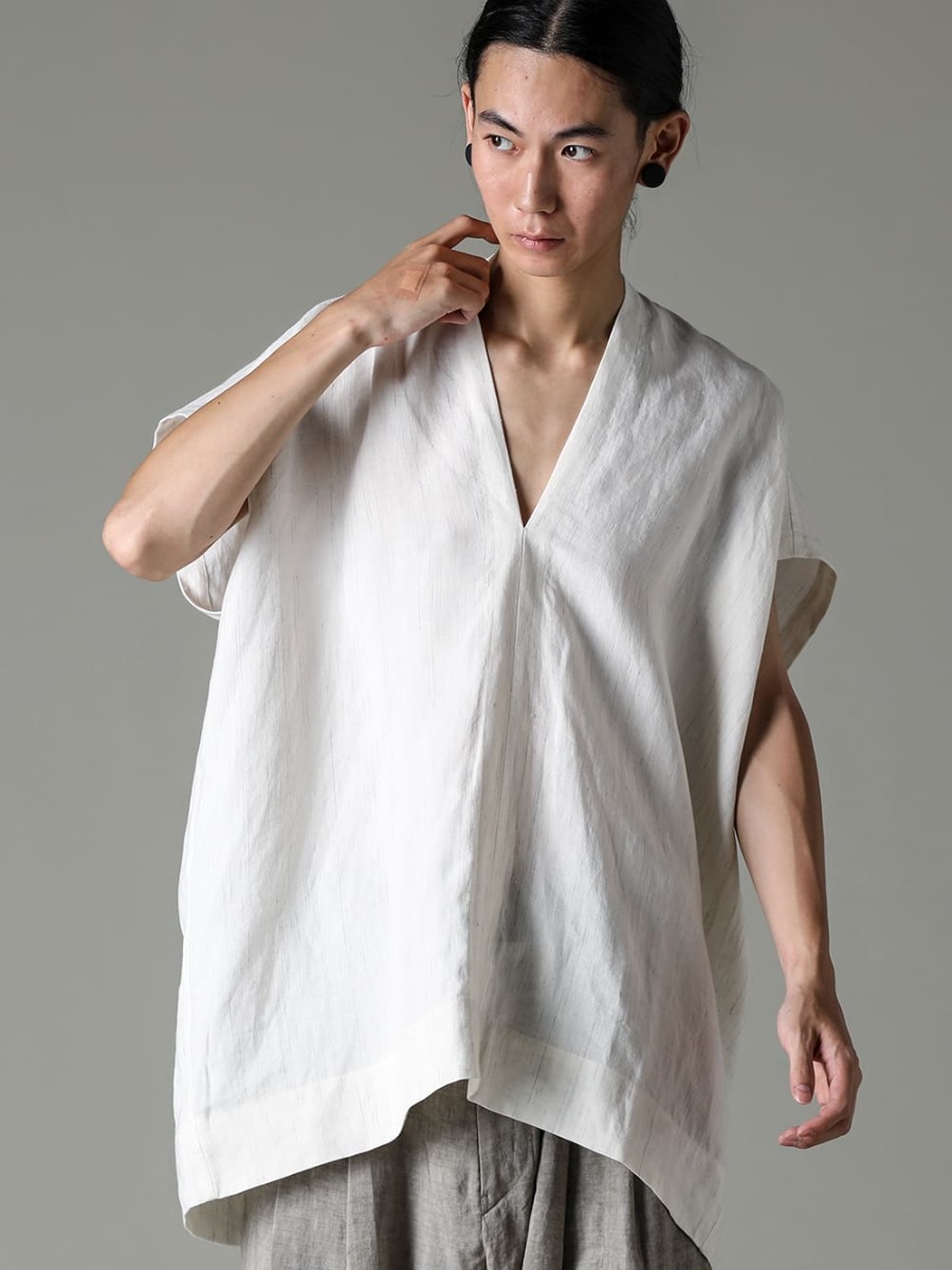 JAN-JAN VAN ESSCHE - JAN-JAN VAN ESSCHE 23SS Summer comfy top representing JAN-JAN VAN ESSCHE - V-neck neckline based on kimono TUNIC#30-TUNIC #30 WIND KASURI LINEN COTTON CLOTH 2-001