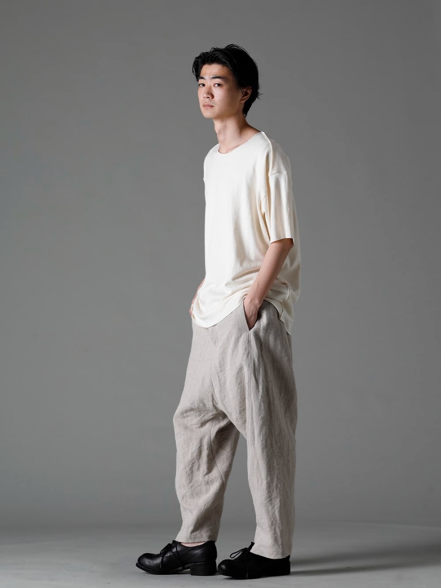 individual sentiments(インディビジュアル センチメンツ) 23SS(春夏) 組み合わせの自由度が高い - CT56S-MJ28 リネンコットンウォッシュジャージーワンピースパターン S/STシャツ PA68L-LI20ヘビーキャンバスリネンクロップドパンツ PL10L-BLKT オーソピーディック ダービーシューズ ホース フルグレイン レザー - PL10L  3-002